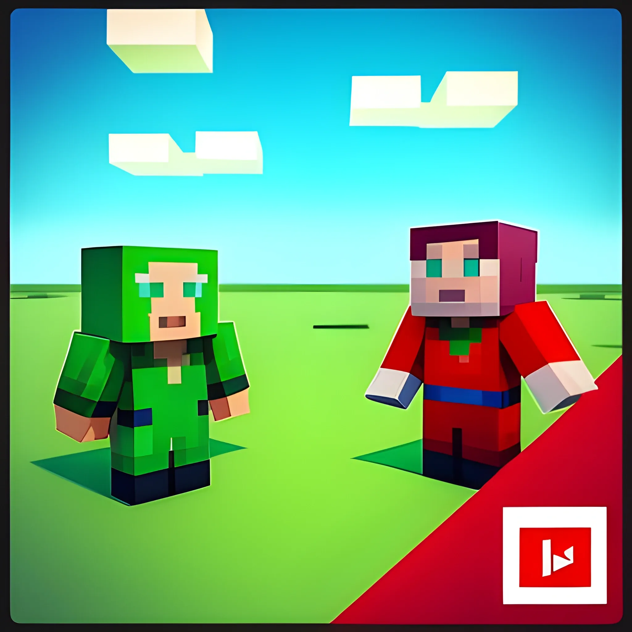 profile picture for youtube channel minimalist for videos content , CartoonI want the picture to be for 2 people and one person wears a green dress and one on the left side of the screen is red Boy minecraft