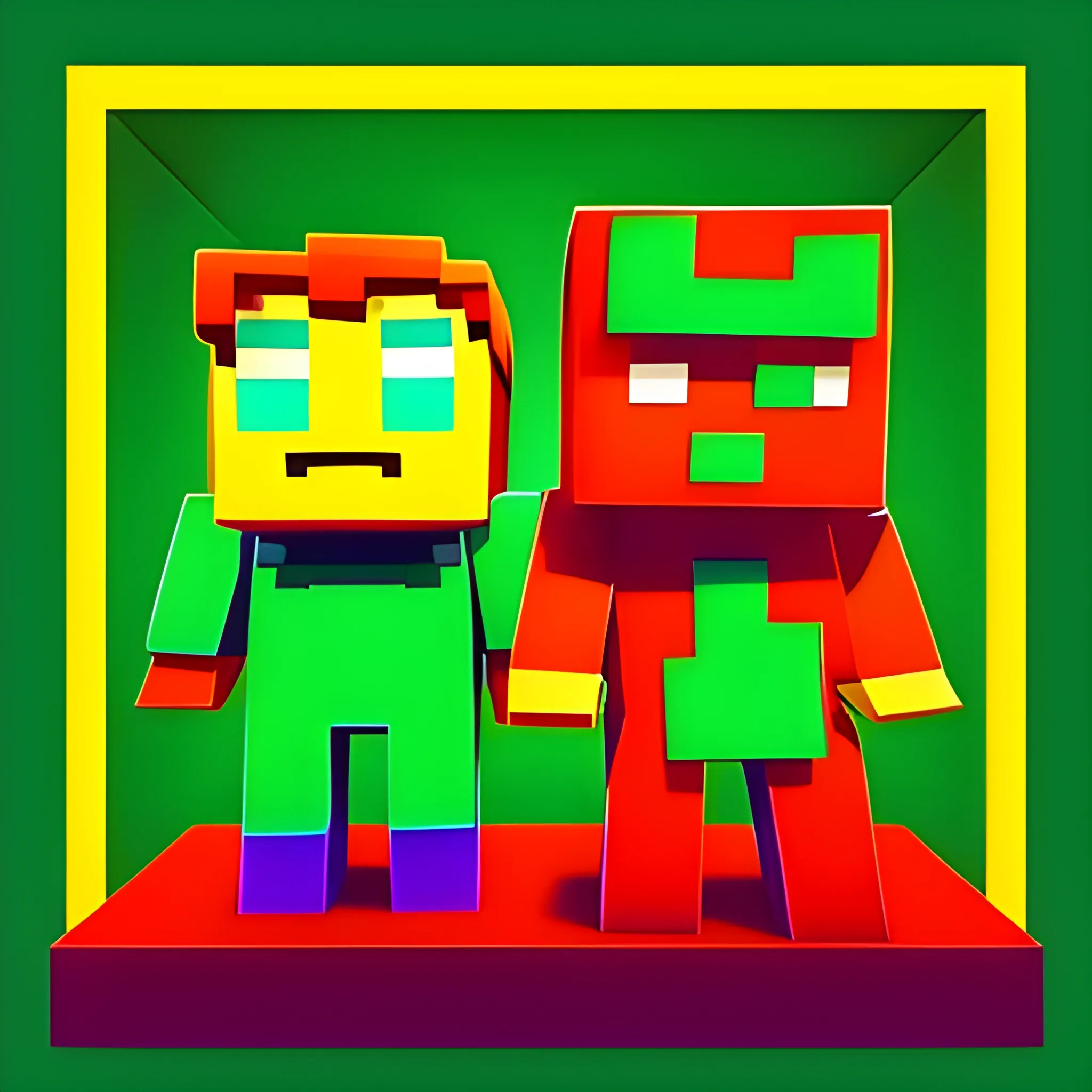 profile picture for youtube channel minimalist for videos content , CartoonI want the picture to be for 2 people and one person wears a green dress and one on the left side of the screen is red Boy minecraft, Cartoon