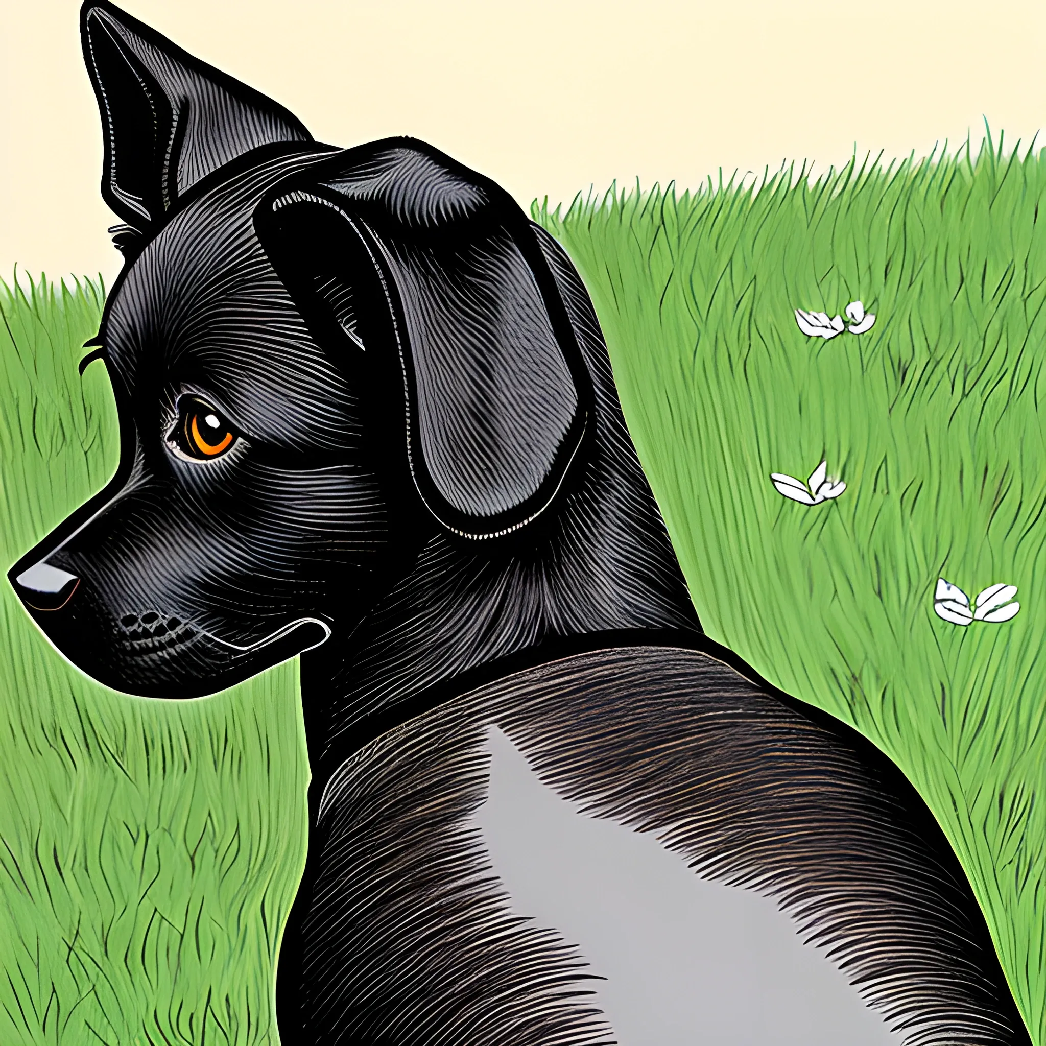 Black dog, canine pussy, looking back, standing, Cartoon