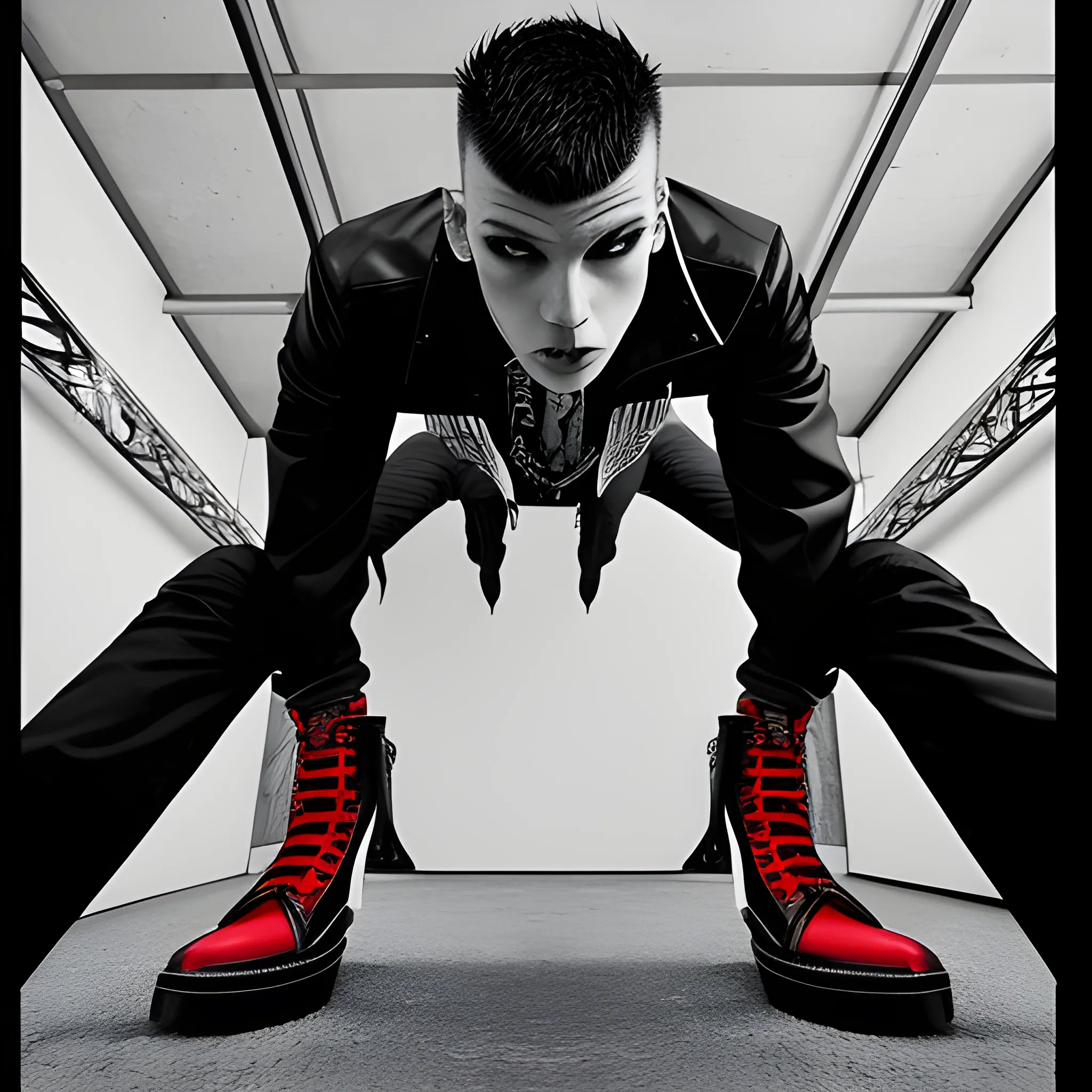 male punk rock fashion magazine angle from below imposing . A male model with black and red clothes crouching above the camera , modestly dressed, assexual, unsexy fullbody, angle from below