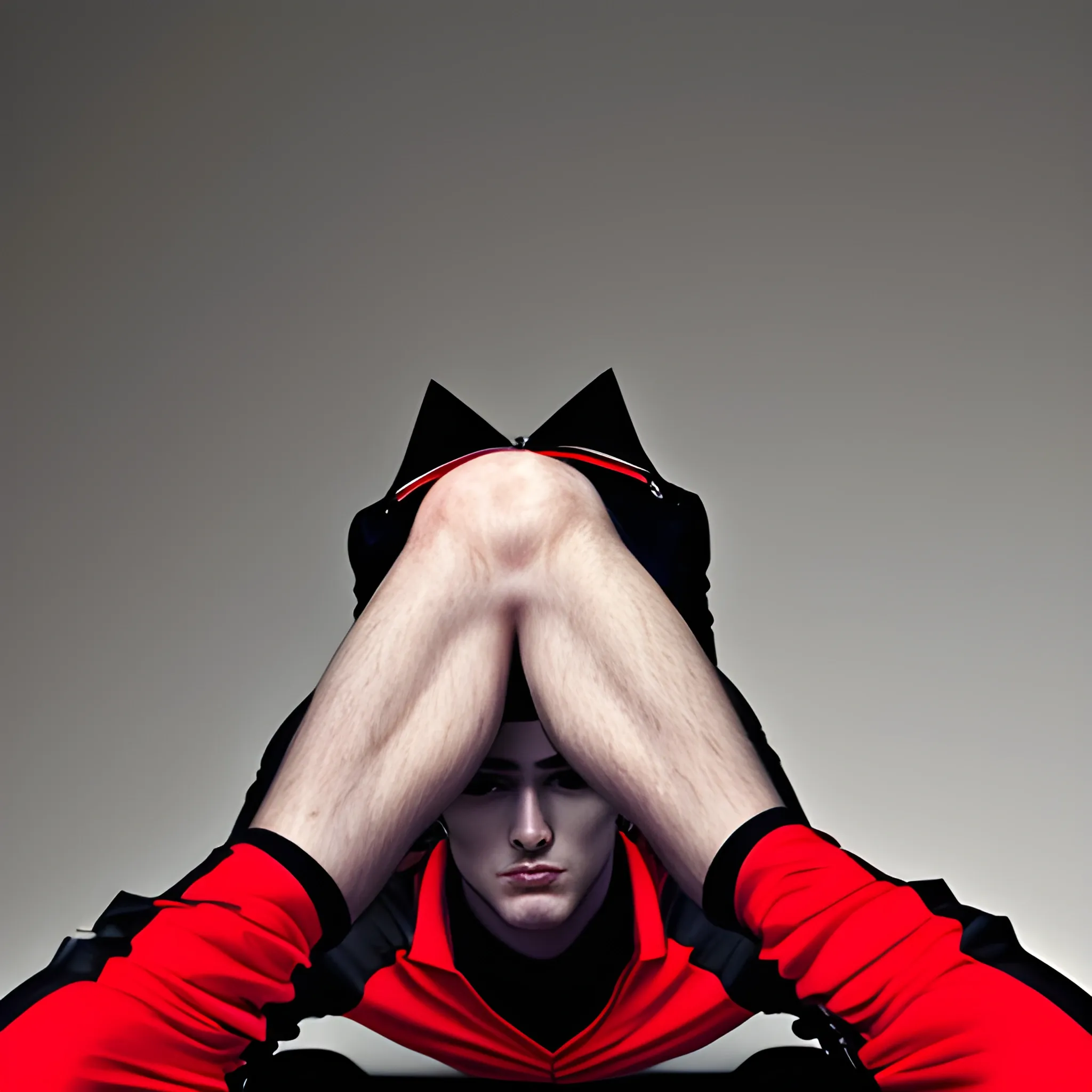 male rock fashion magazine angle from below, calm, soothing, approachable. A male model with black and red clothes crouching above the camera , modestly dressed, assexual, unsexy fullbody, angle from below, cool