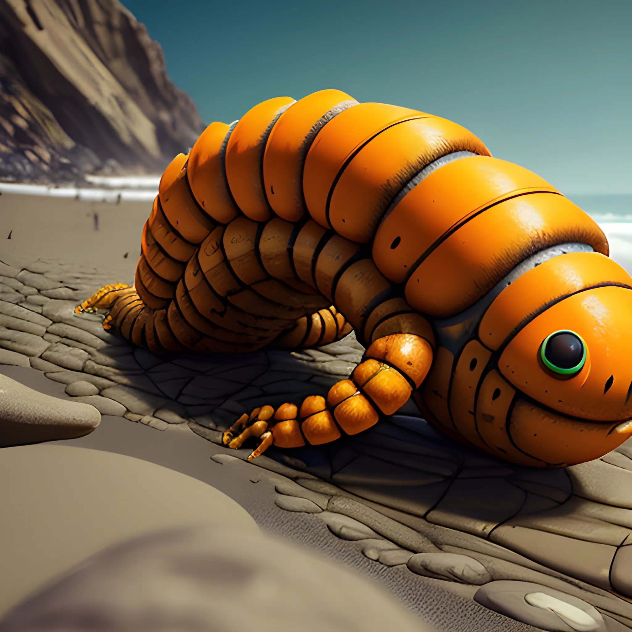 A orange and yellow giant alien Caterpillar, covered in large armor plates, are crawling across the rocky terrain on an ocean beach in the style of unreal engine.