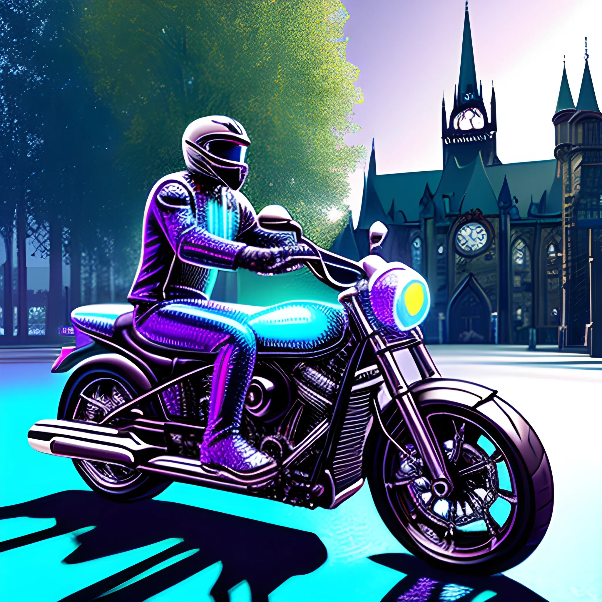 biker in Holographic style, featuring silver and teal holographic gothic buildings and trees