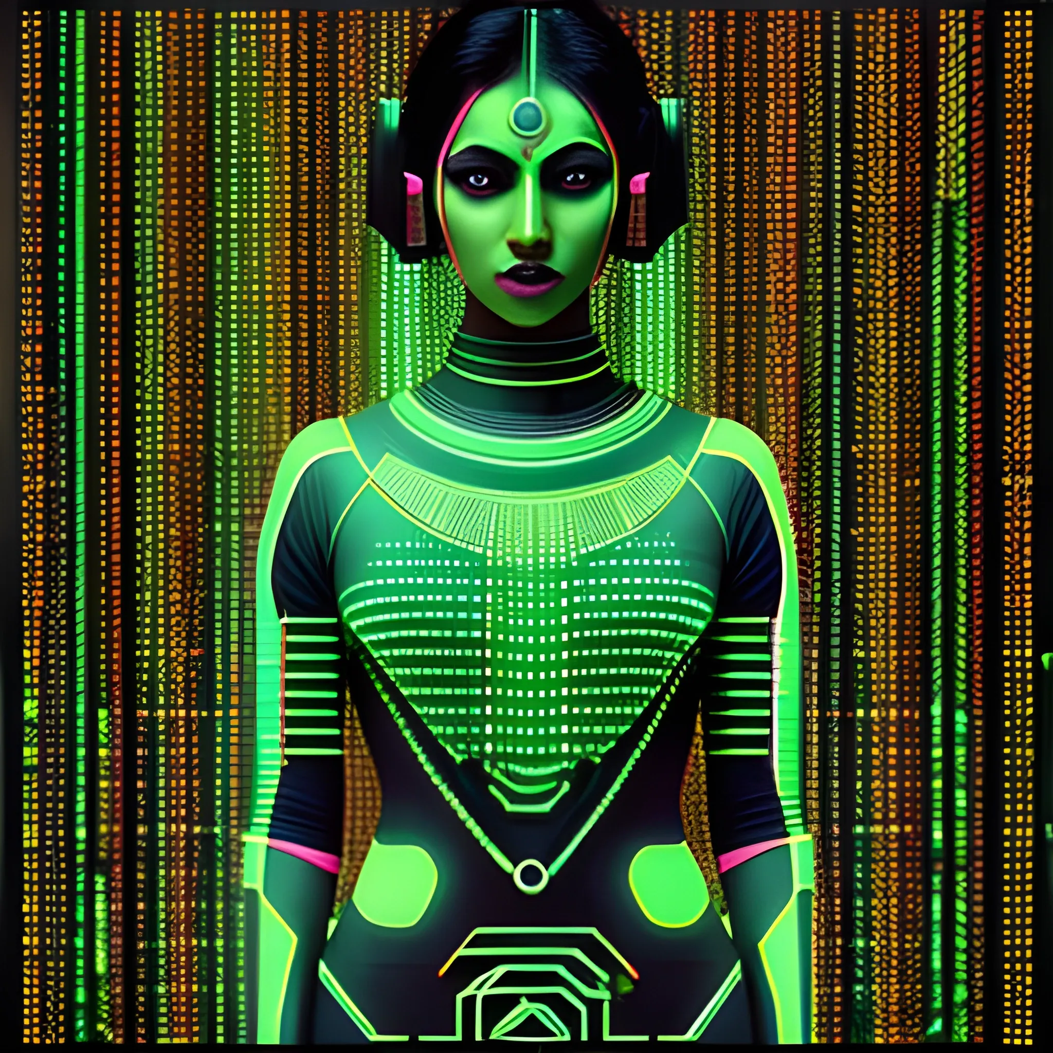 futuristic Indian woman, aerochrome aesthetic, Matrix, binary code glitching, green color grading, transparents, subtle neon, film still 