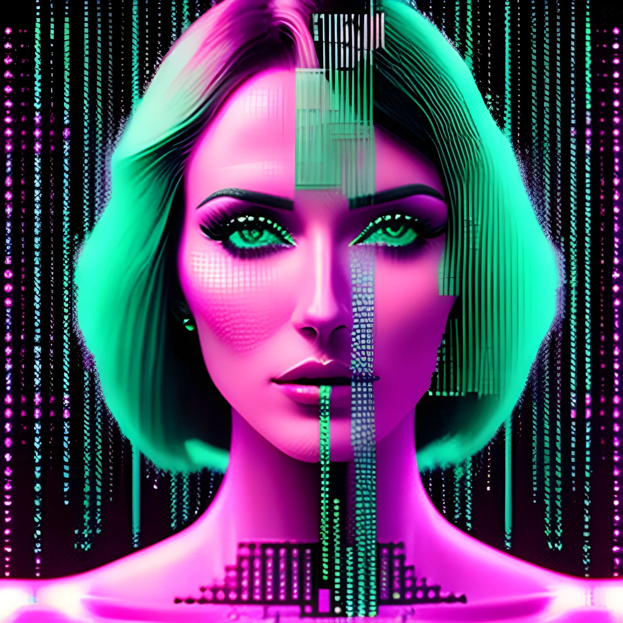 Young Indian girl, aerochrome aesthetic, Matrix, binary code glitching, green color grading, transparents, subtle neon, film still 