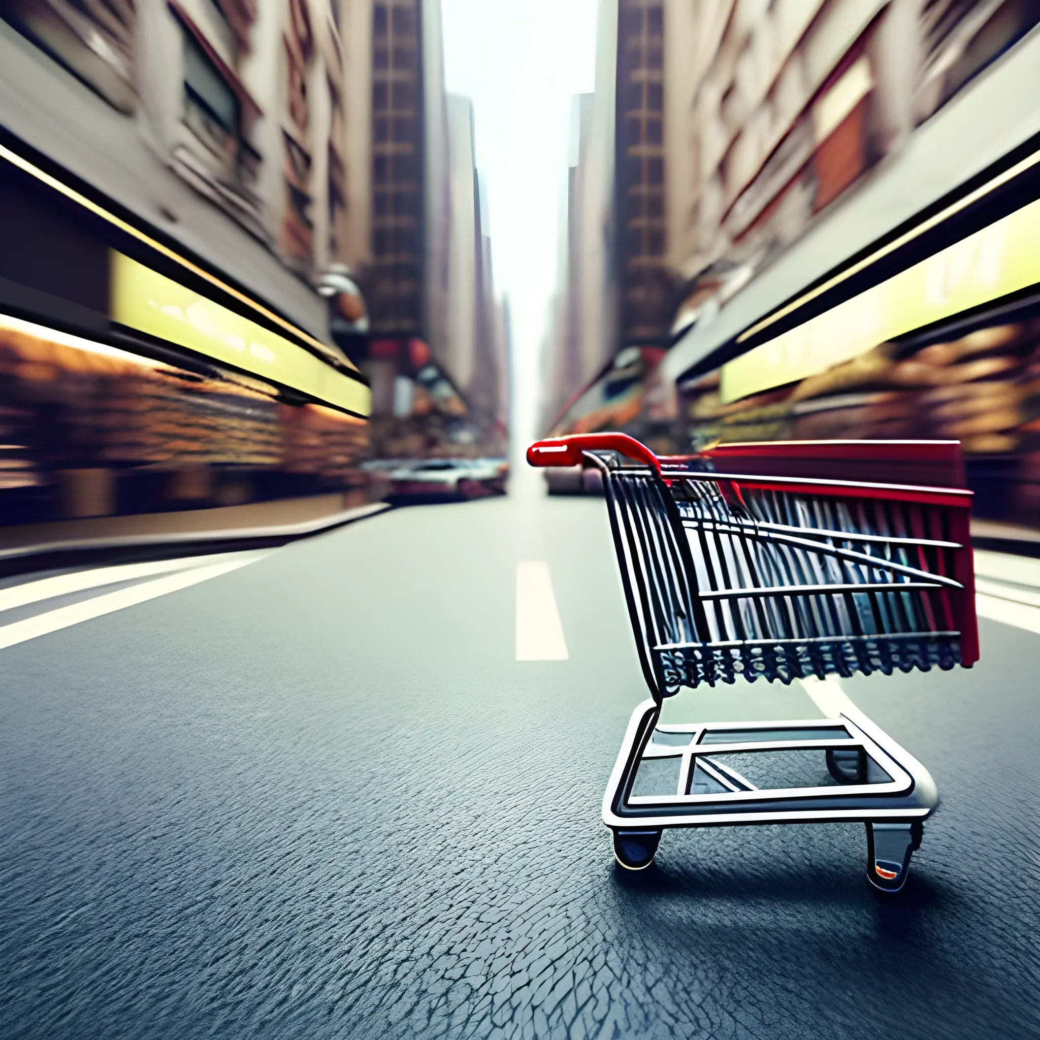 Realistic micro tiny sized Women walking with shopping cart coming out form the macro big sized Mobile, macro photography, beautiful, exaggerated perspective