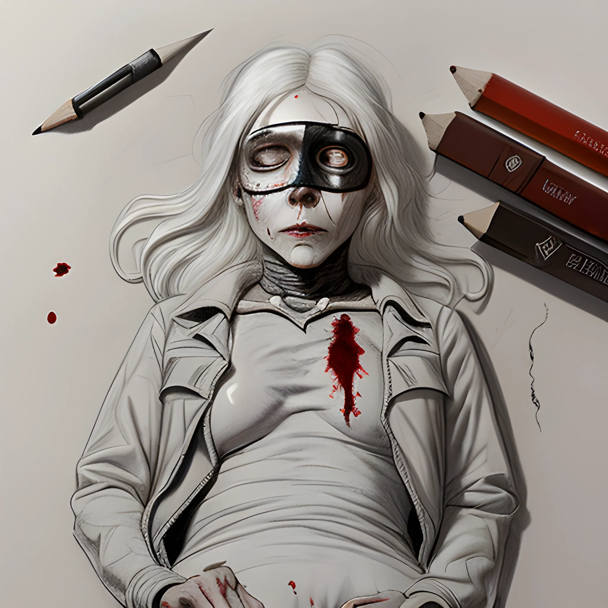 a dead woman on floor with a knife through head bleeding blood in her eyeballs. her eyes are open but lifeless. she has long white hair, with a pilot cap brown jacket., Pencil Sketch