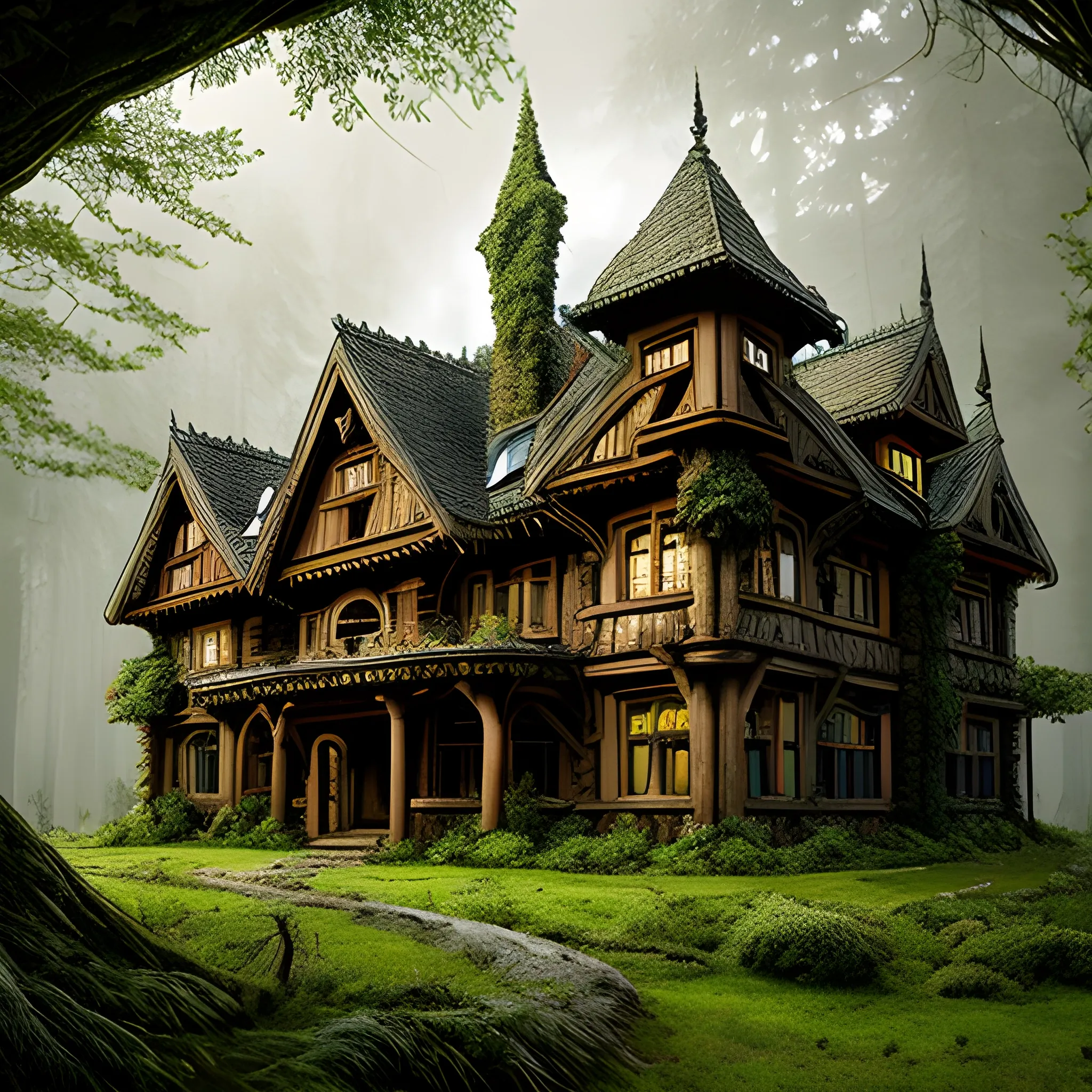 viking style wooden mansion,big mansion, high definition, fantasy, building, forest, overgrown by plants