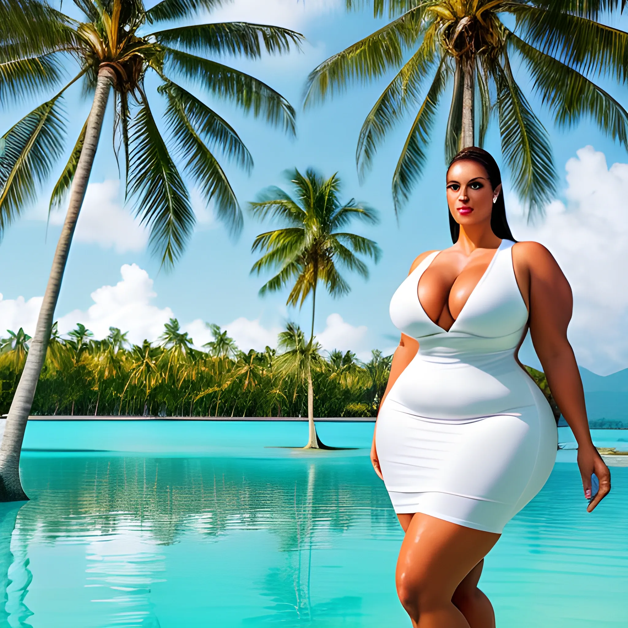 very tall plus size muscular girl with massive straight body, small head, broad shoulders, little breasts, slim hips, long elegant thighs and legs, in tight short white dress standing straddled at a tropical lake under a palm tree