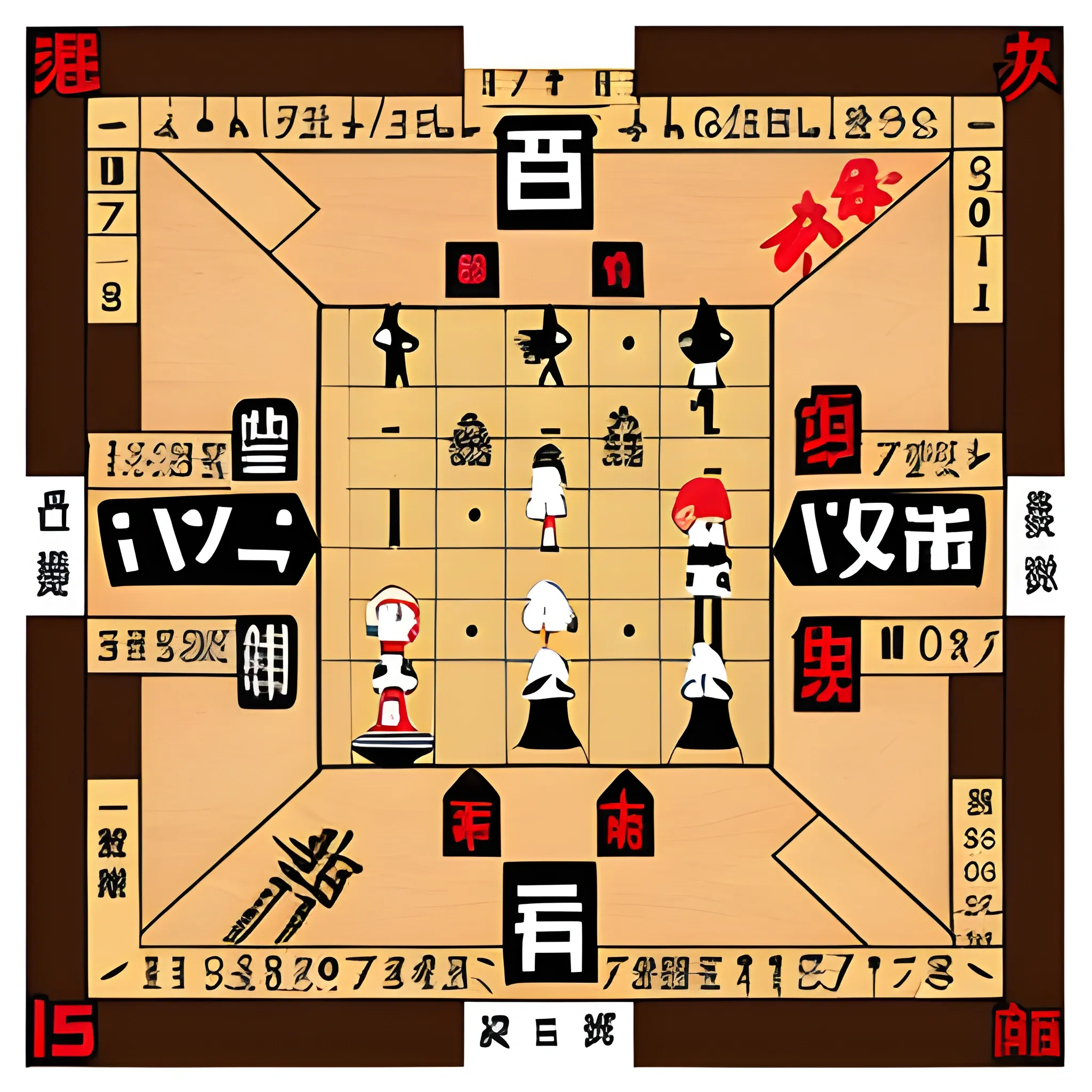 a shogi game with all the pieces stopped, high quality, chibi art