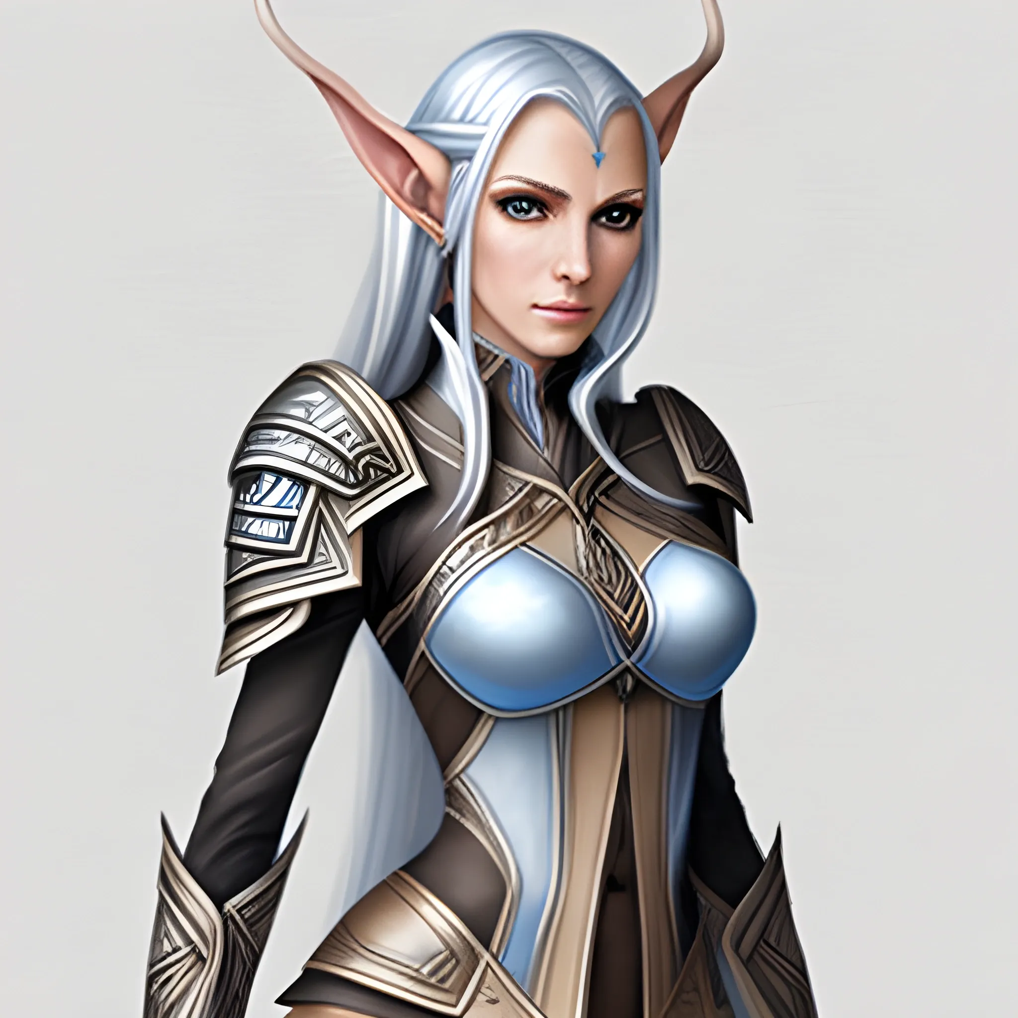 , Pencil Sketch, a female high elf with brown fading into silver hair, with blue high neck outfit