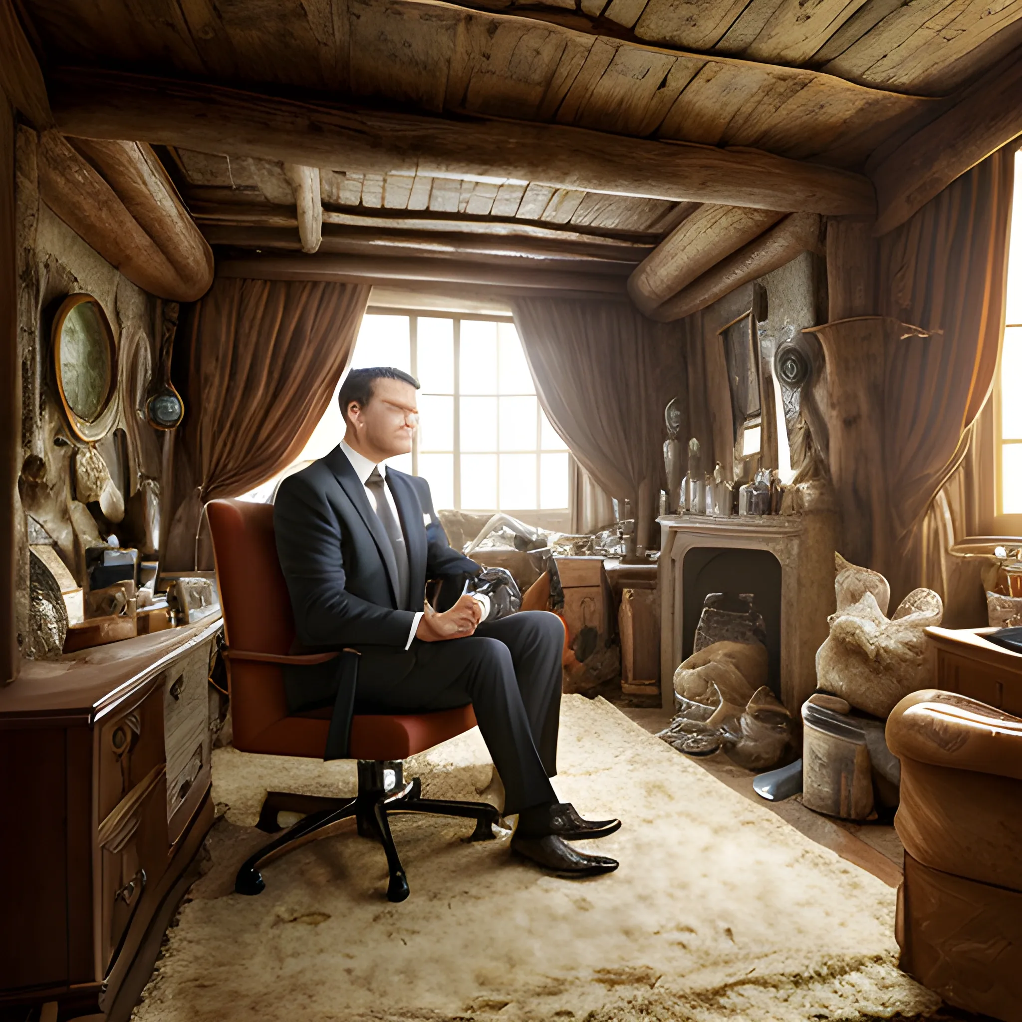  A distinguished business man in his den having a self reflecting moment in solitude.  He is in his mid 40s and handsome.  Realistic photo.  Digital photo.  Extreme detail.   
