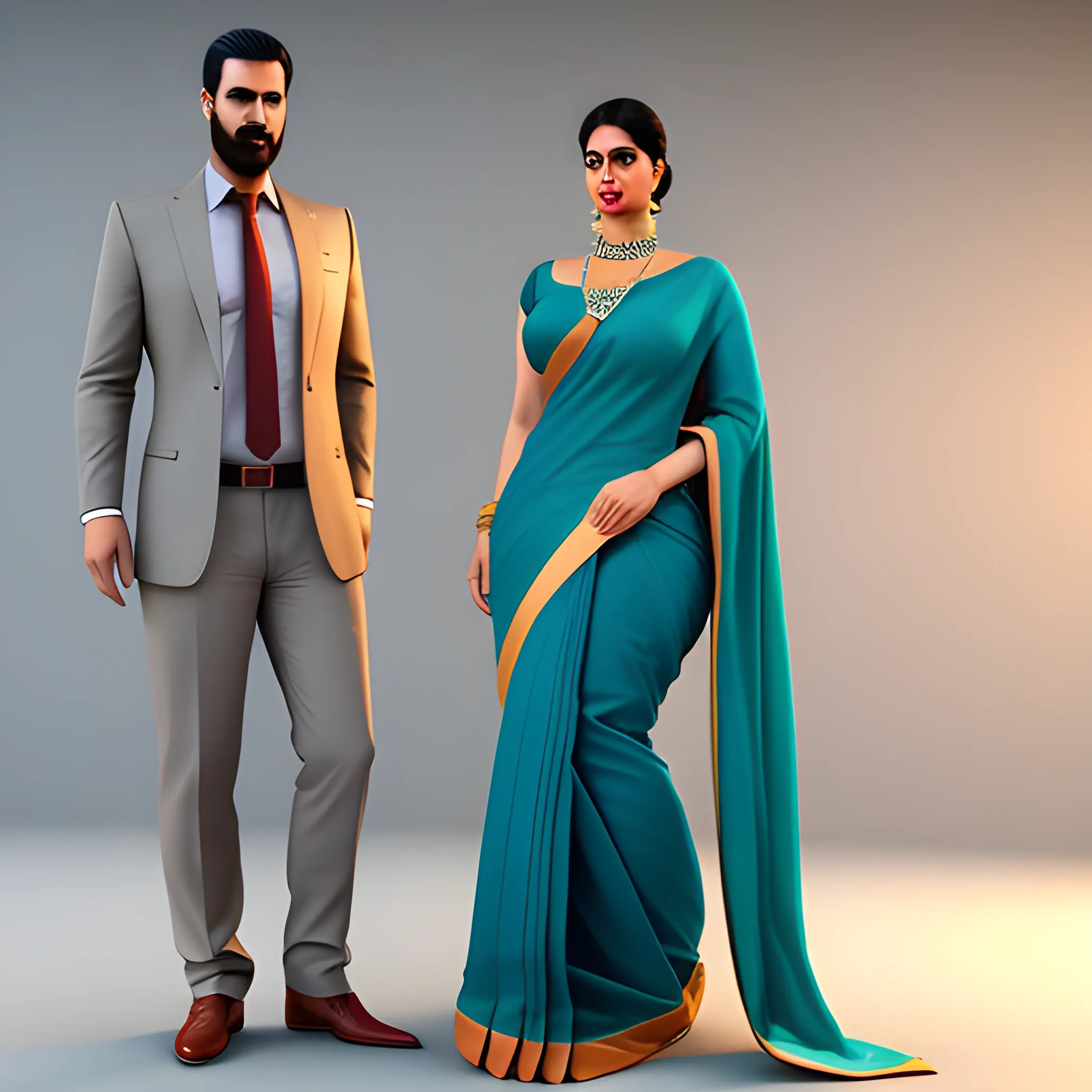 a very tall and a very short girl in saree, 3D