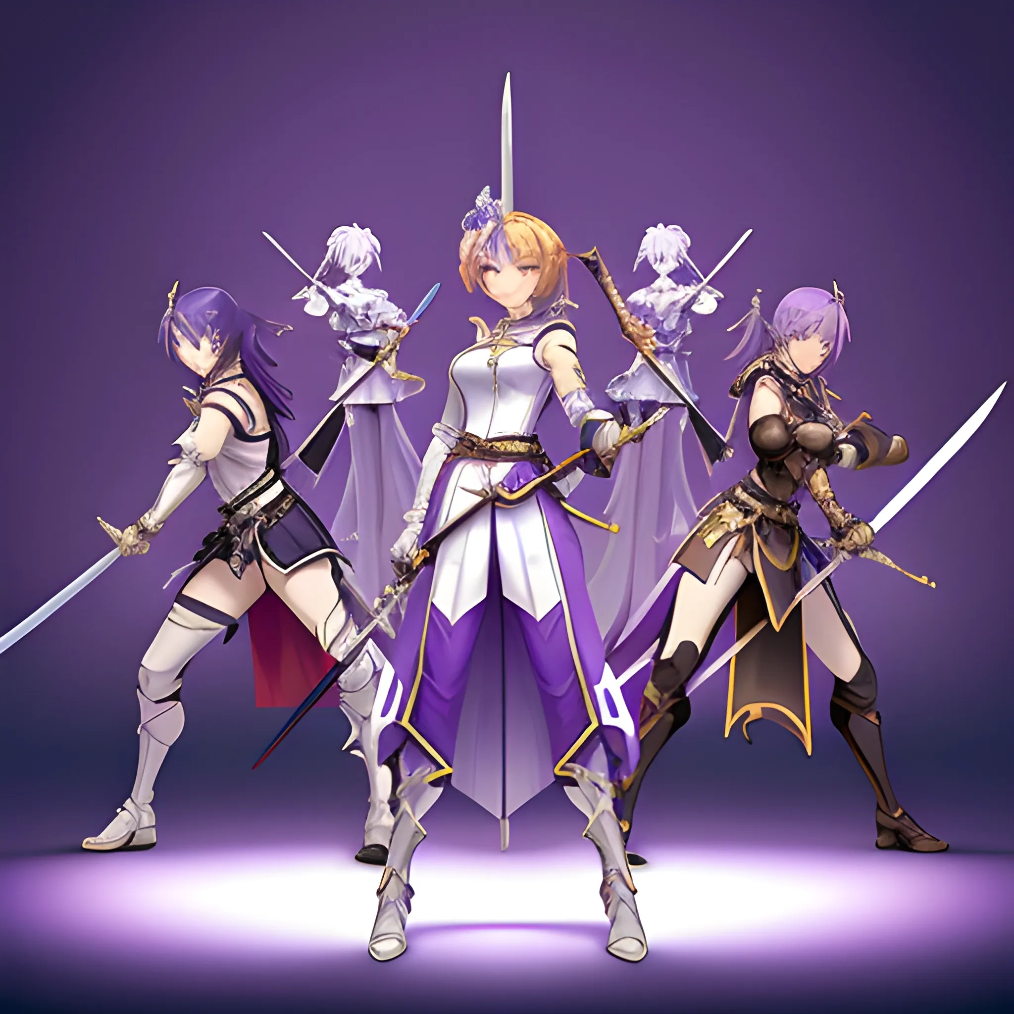 a woman holding swords and standing next to a sword, in the style of light purple and light indigo, 2d, dark white and light amber, dignified poses, li-core, group material, azure lane

