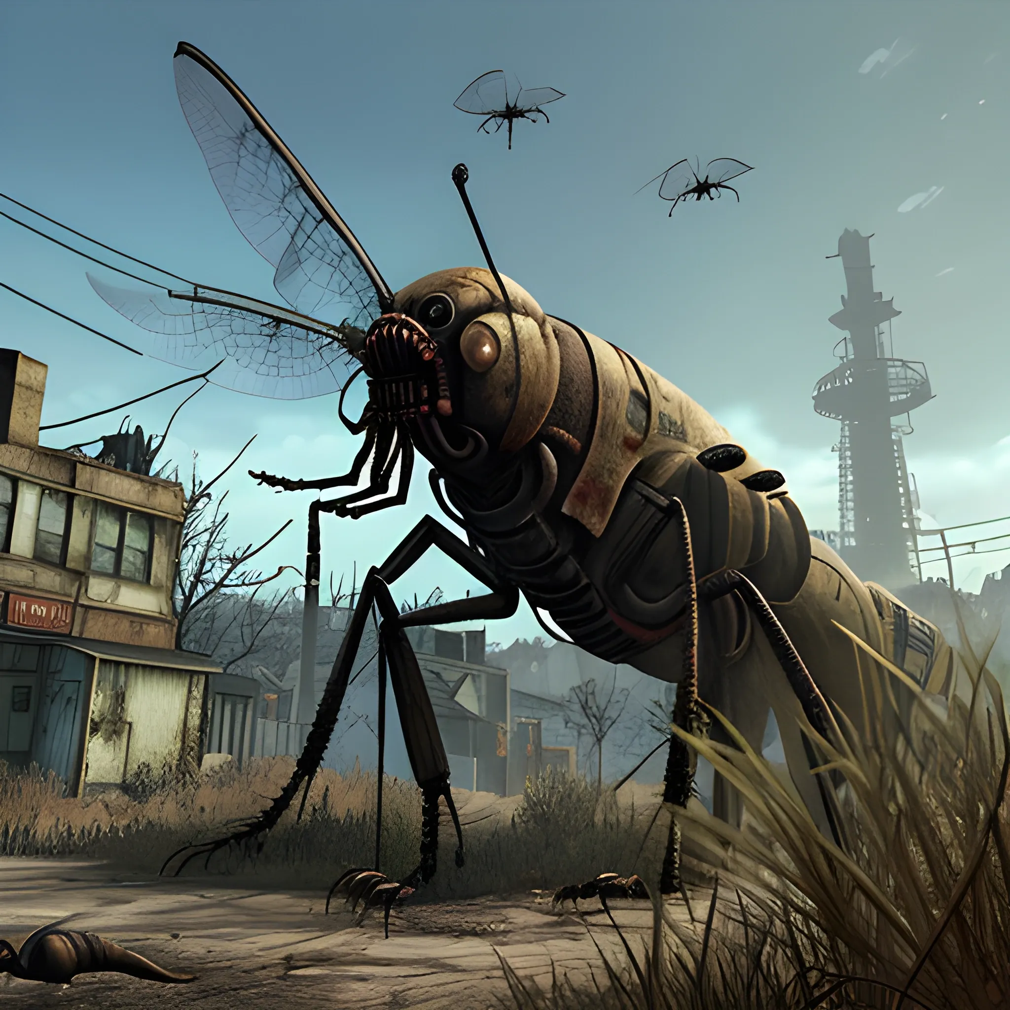 fallout 4, a very large mutated mosquito all by itself with mutated plants in the background,bitcoin