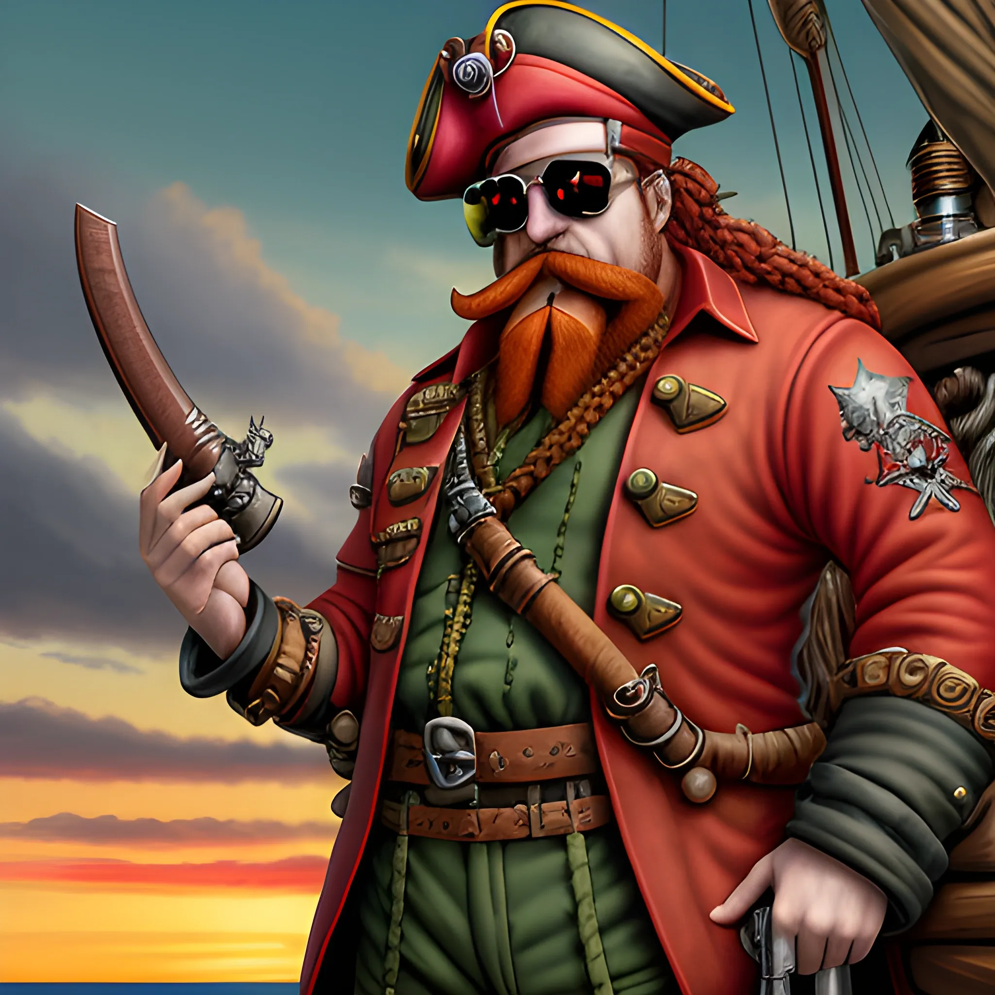 Warhammer fantasy Dwarf aviator with an aviator's hat, aviator goggles, and red hair. Skruffy-looking face with a big red, braided beard, a bloodred pirate jacket, and green puffy pants. Knife in his hand and medieval flintlock in his other hand. watching the sunset from his flying ship. grim dark. 