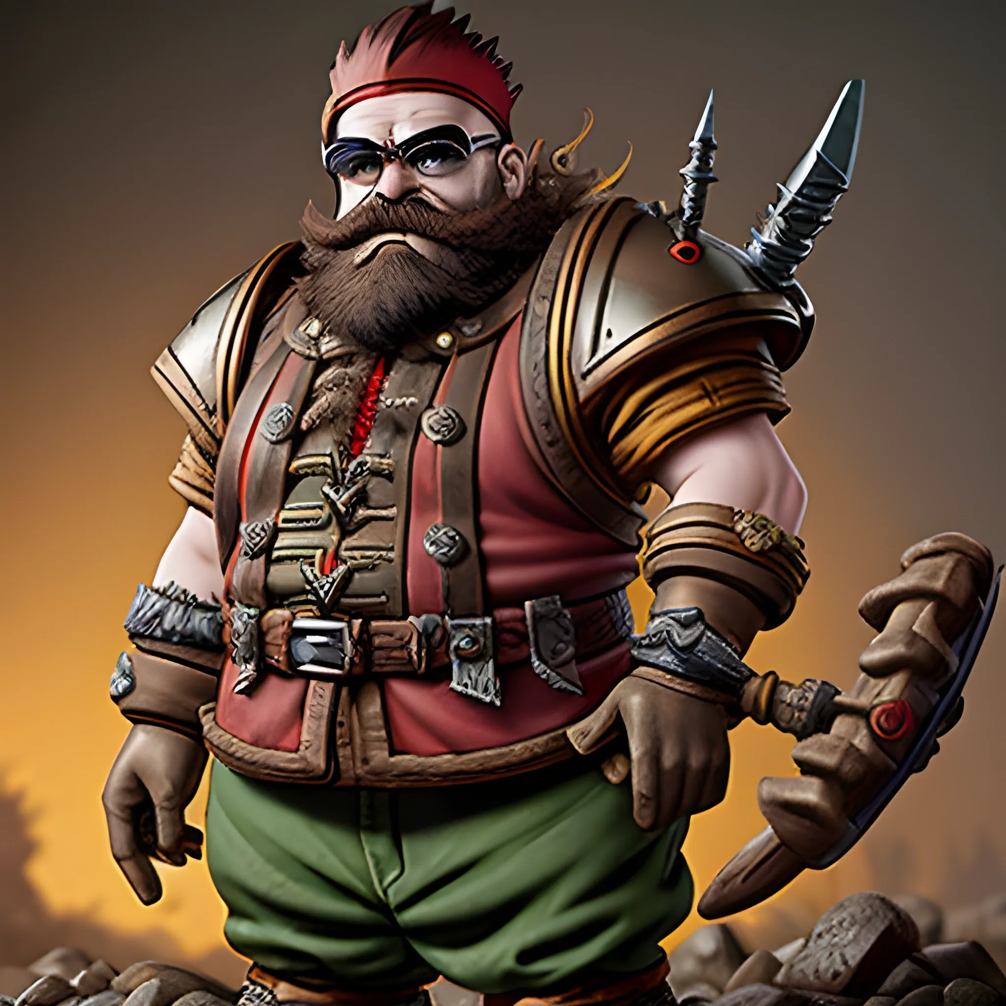 Warhammer fantasy Dwarf aviator with welding goggles, and red mohawk Skruffy-looking face with a big red ,dwarven braided beard, green puffy pants. grim dark warhammer total war