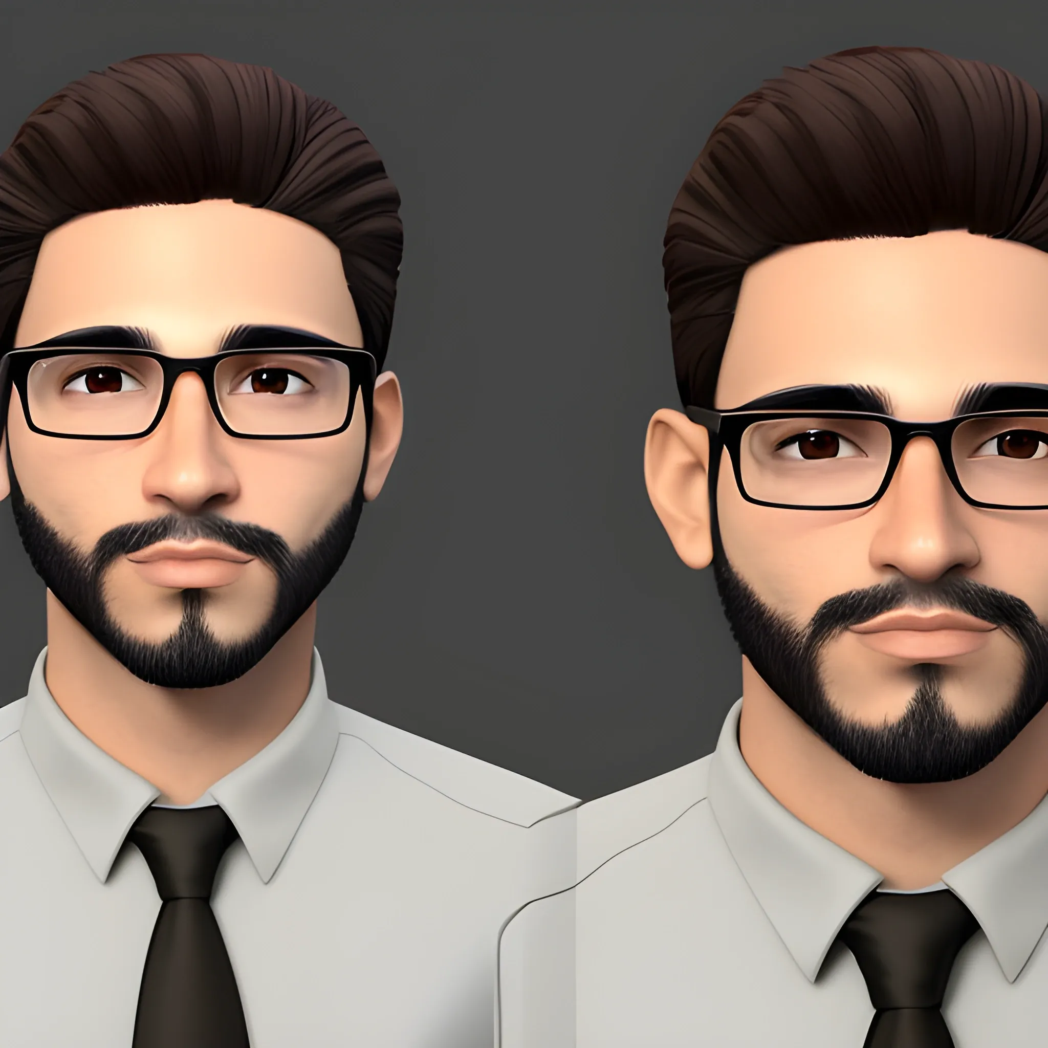 Decent 30-years-old hispanic male with glasses. Dark-brown eyes. Dark hair. Short beard. Casual/Formal wear., 3D