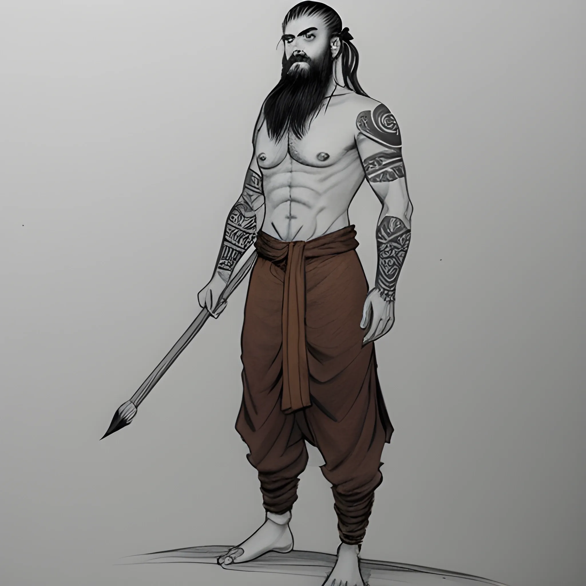 Dnd character, brown hair, man bun, beard, brown eyes, human monk, Thai tattoo, standing up, Show full body on image, Pencil Sketch