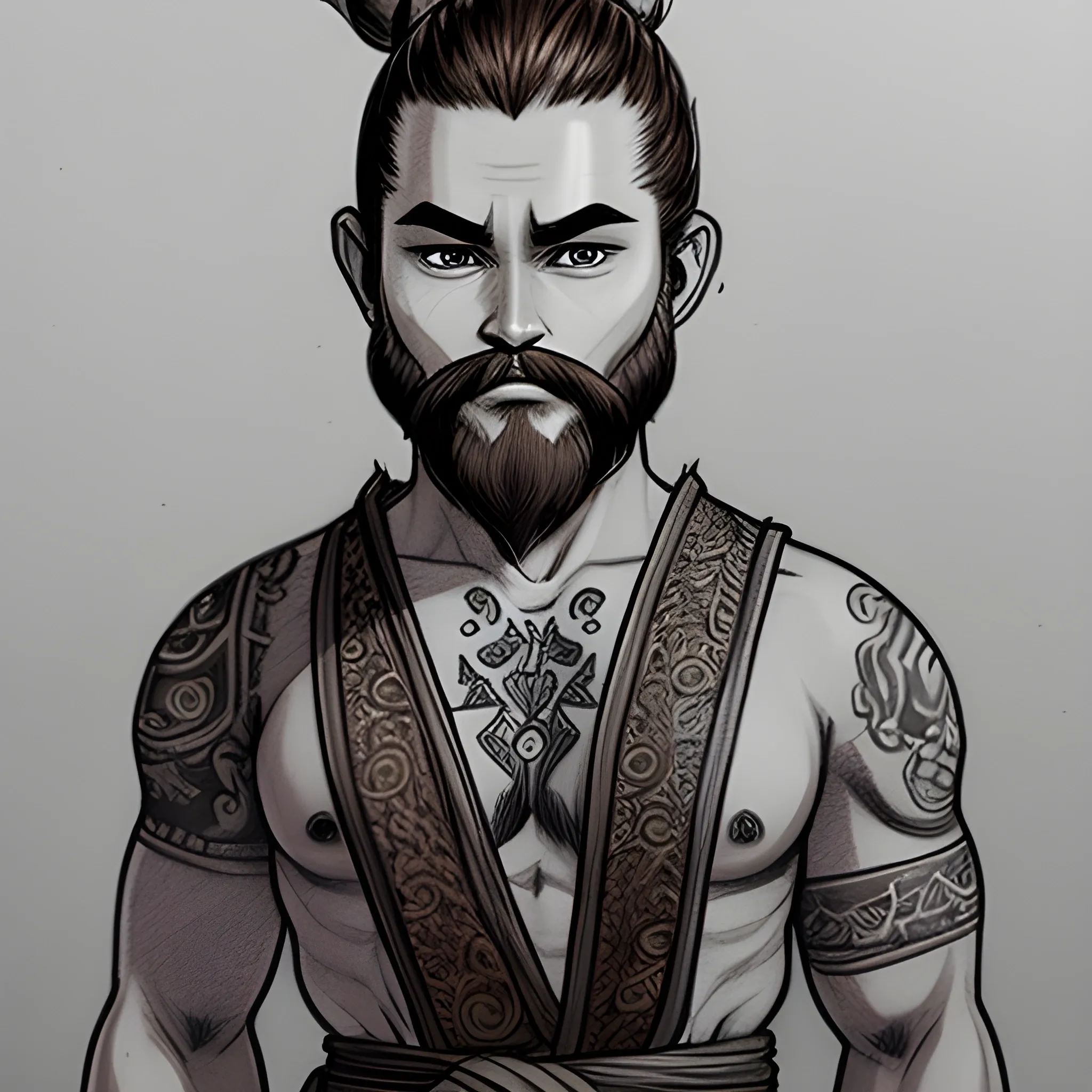 Dnd character, brown hair, man bun, beard, brown eyes, human monk, Thai tattoo, standing up, Pencil Sketch