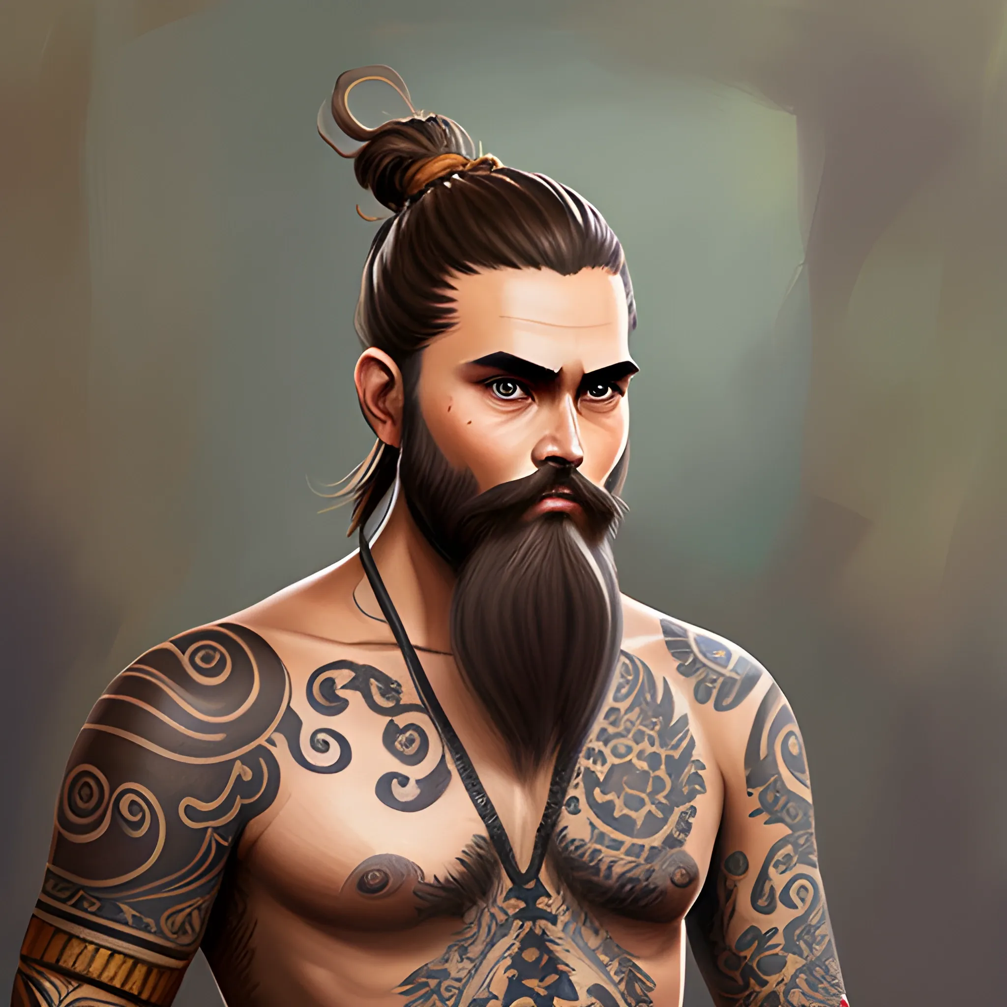 Dnd character, brown hair, man bun, beard, brown eyes, human monk, Thai tattoo, standing up, Oil Painting