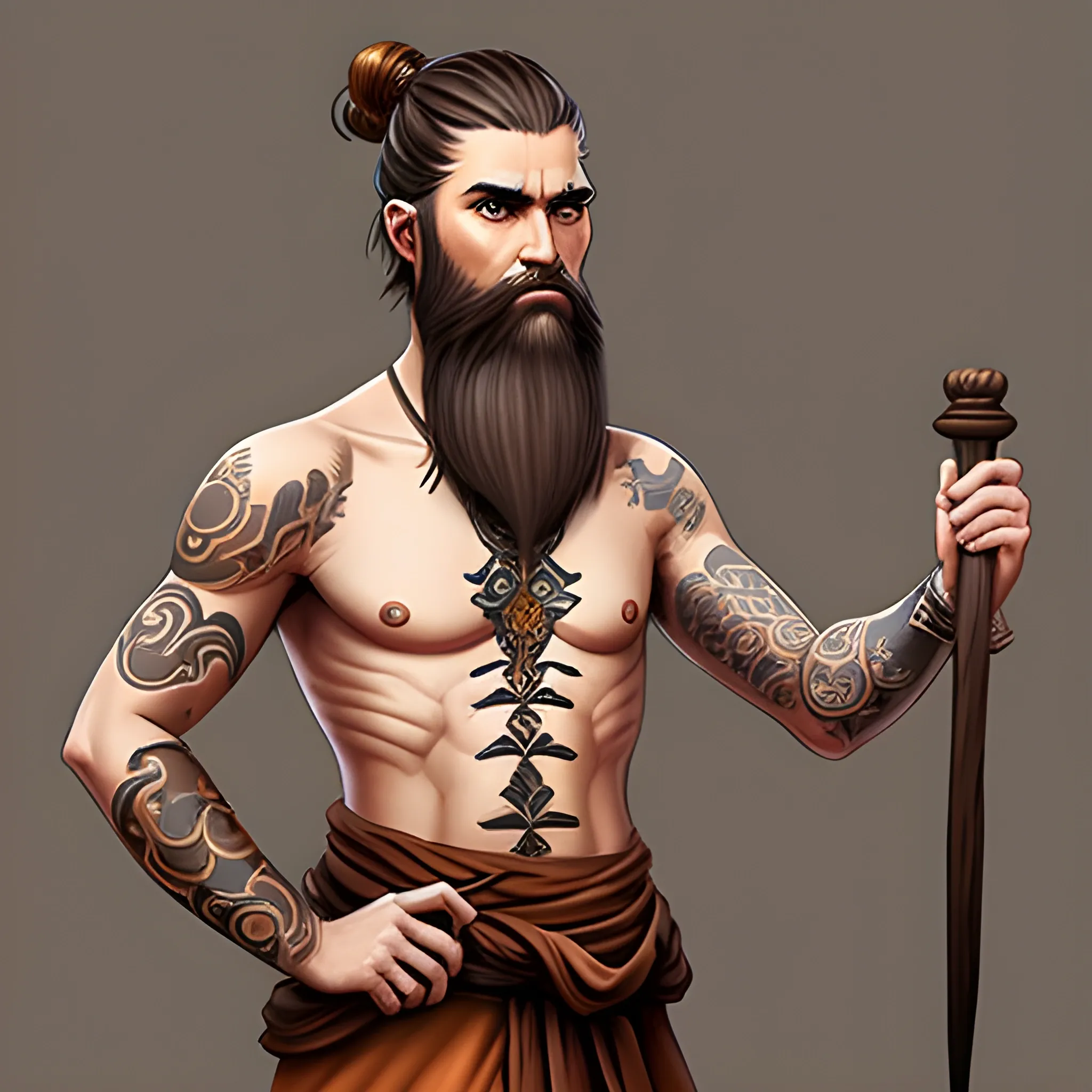 Dnd character, brown hair, man bun, beard, brown eyes, human monk, Thai tattoo, standing up, Show full body on image, Oil Painting