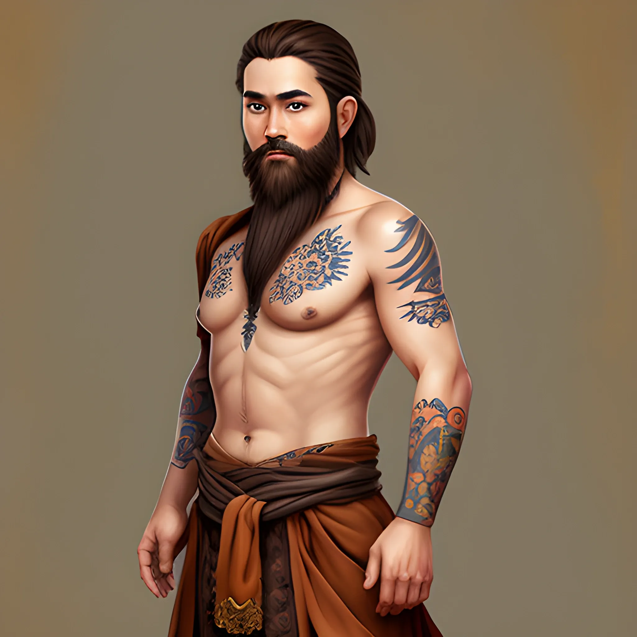 Dnd character, brown hair, beard, brown eyes, human monk, Thai tattoo, standing up, Show full body on image, Oil Painting