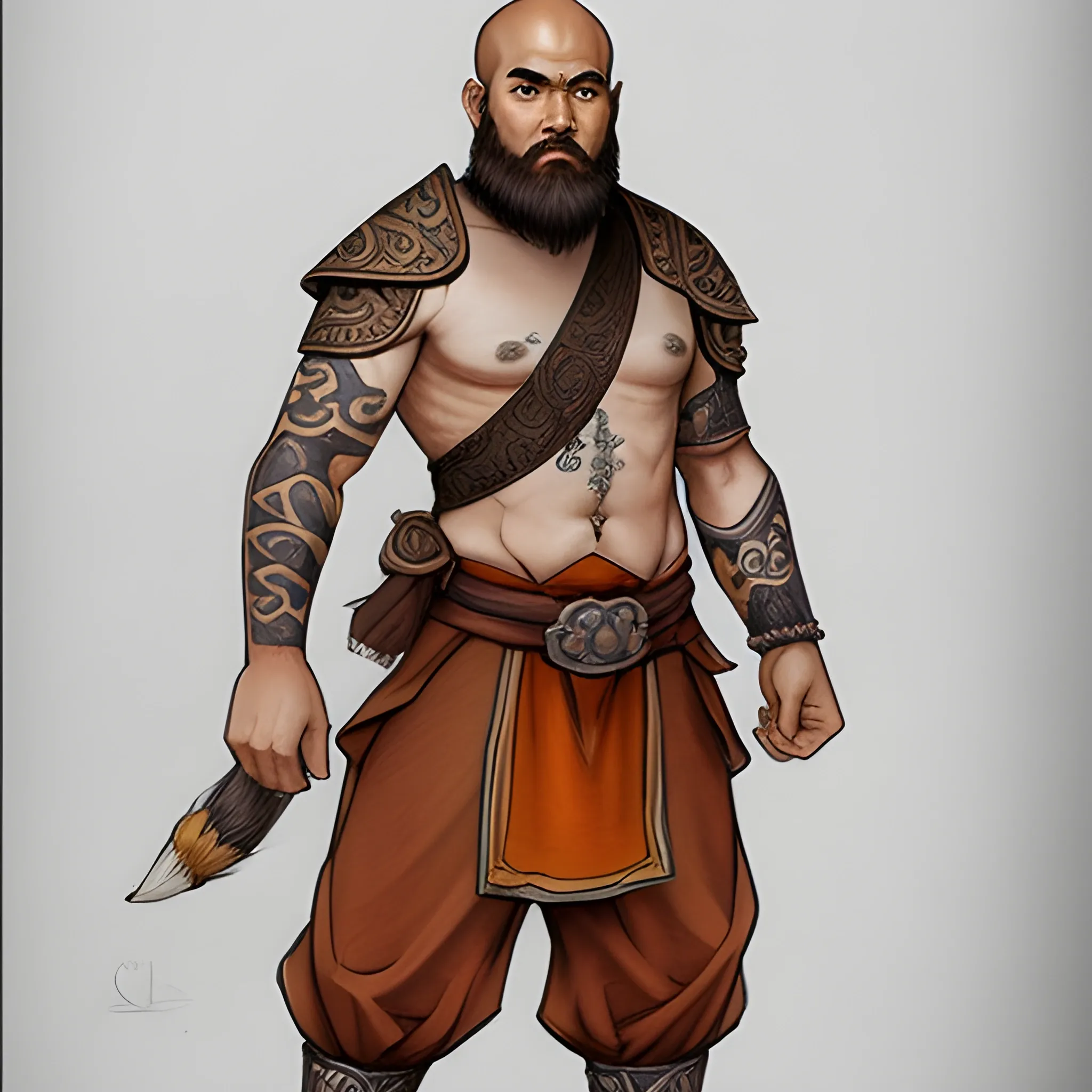 Dnd character, brown hair, beard, brown eyes, human monk, Thai tattoo, standing up, Show full body on image, Pencil Sketch