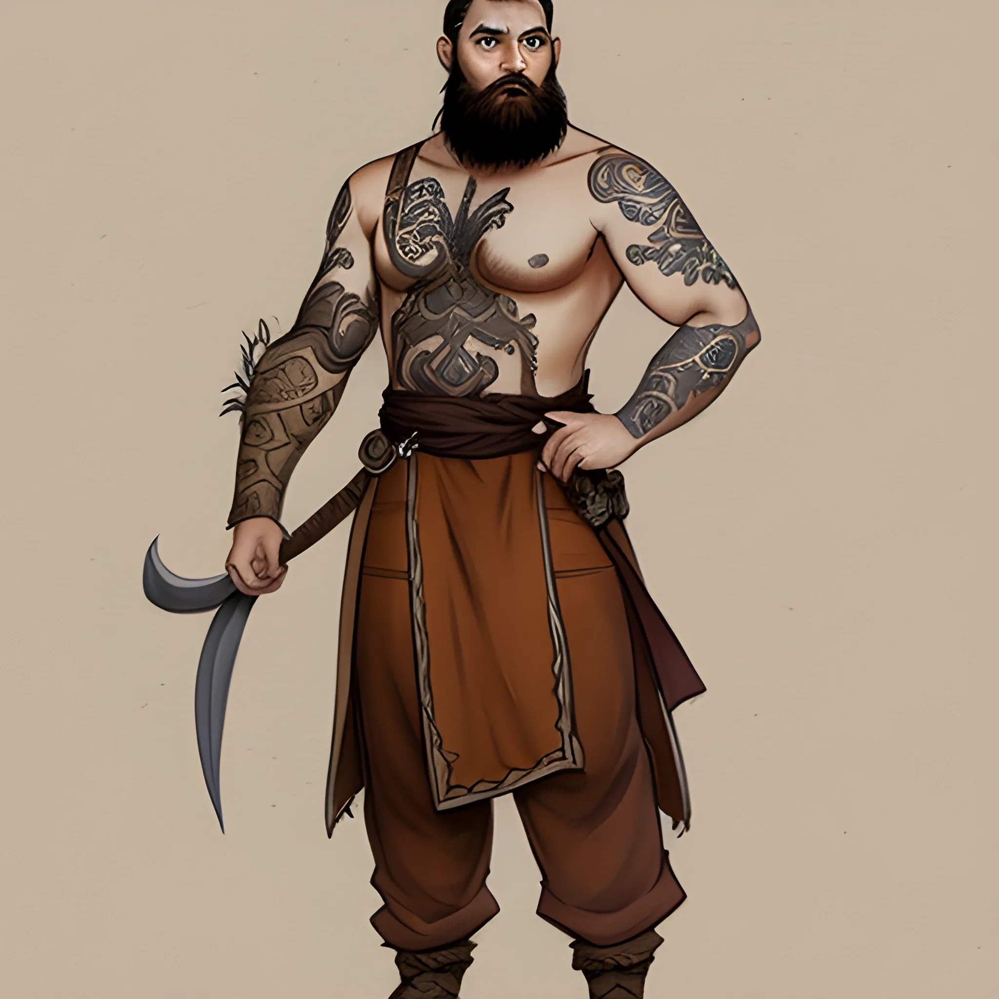 Dnd character, brown hair, beard, brown eyes, human monk, tattoo, standing up, Show full body on image, Pencil Sketch