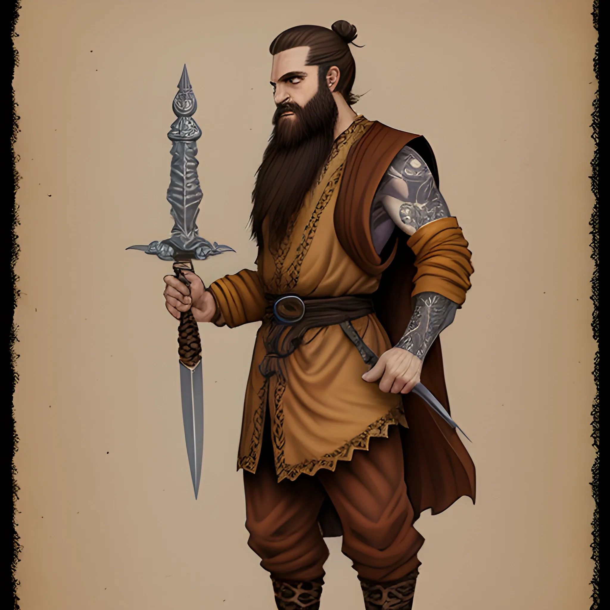 Dnd character, brown hair, beard, brown eyes, human monk, tattoo, standing up, dagger, Pencil Sketch