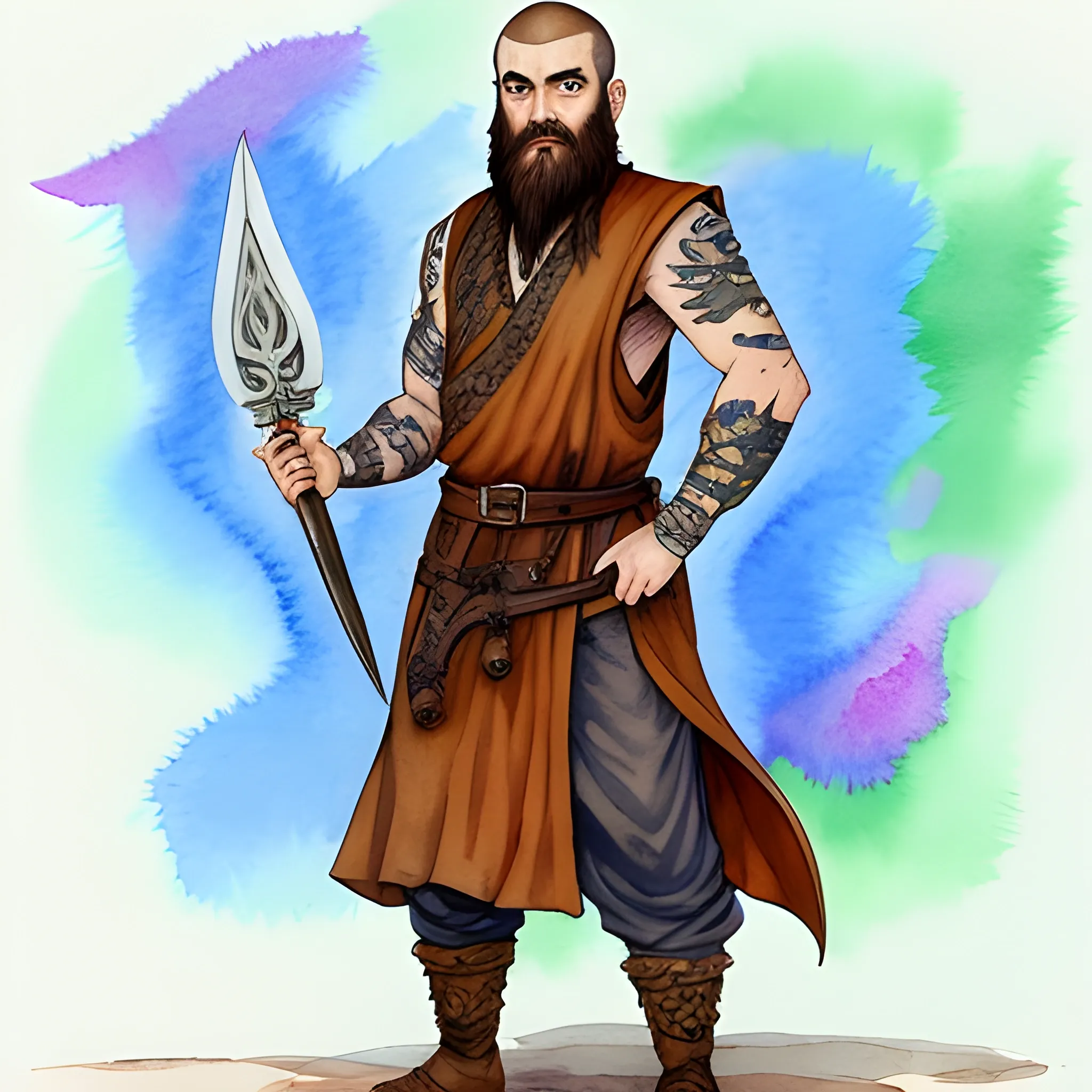 Dnd character, brown hair, beard, brown eyes, human monk, tattoo, standing up, dagger, Water Color