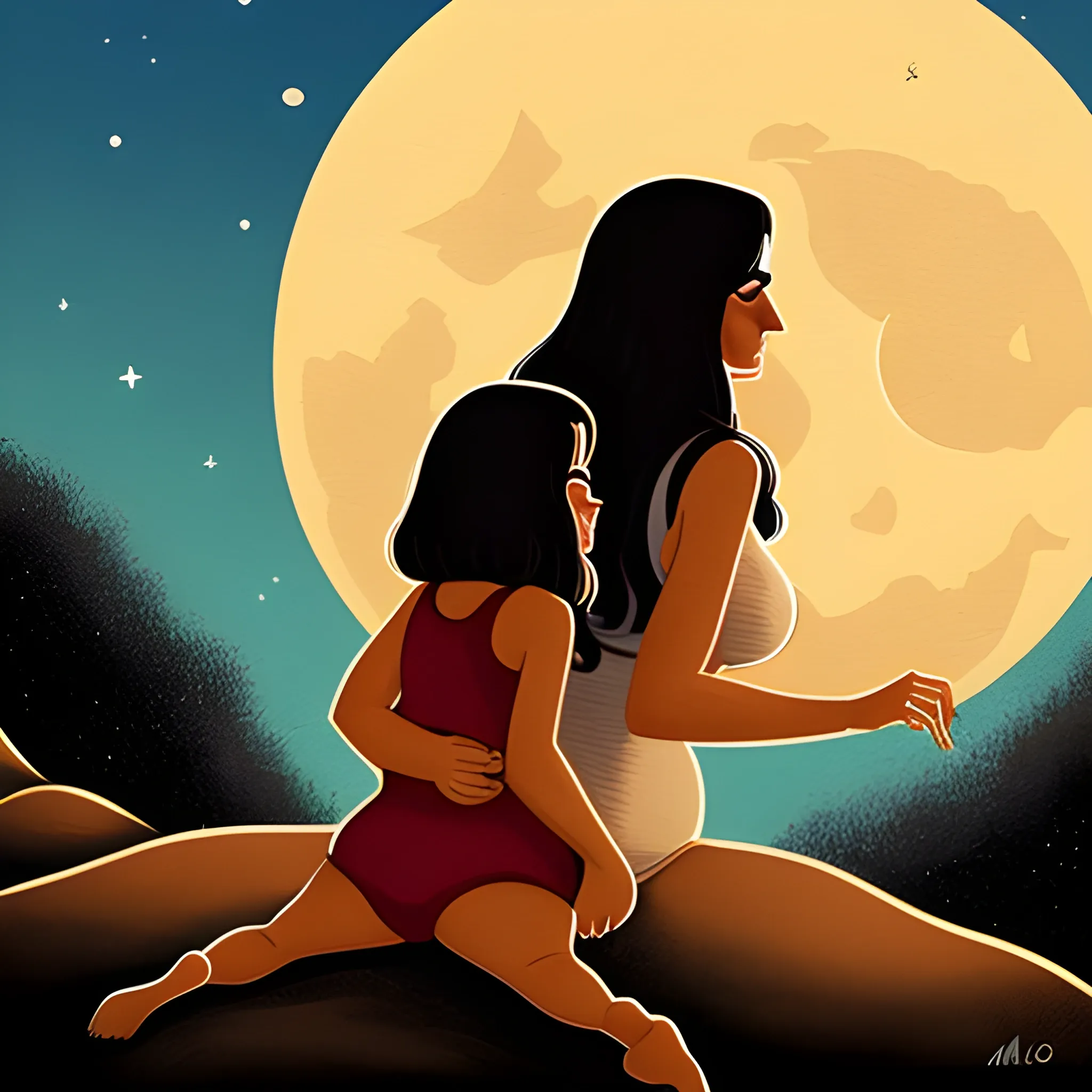 una ilustracion a carboncillo de una mama con su hija de 8 años mirando a la luna,