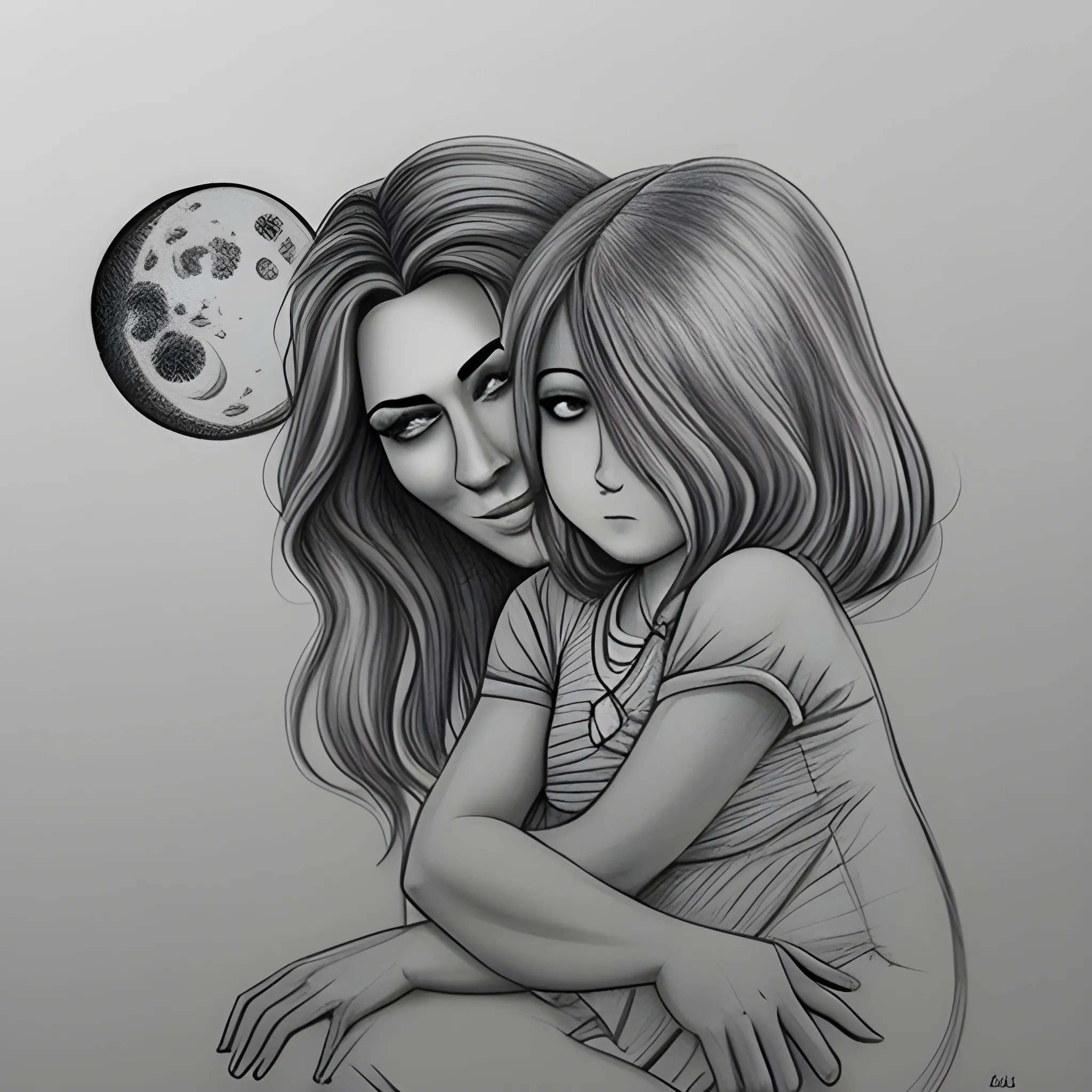 una ilustracion a carboncillo de una mama con su hija de 8 años mirando a la luna,, Pencil Sketch