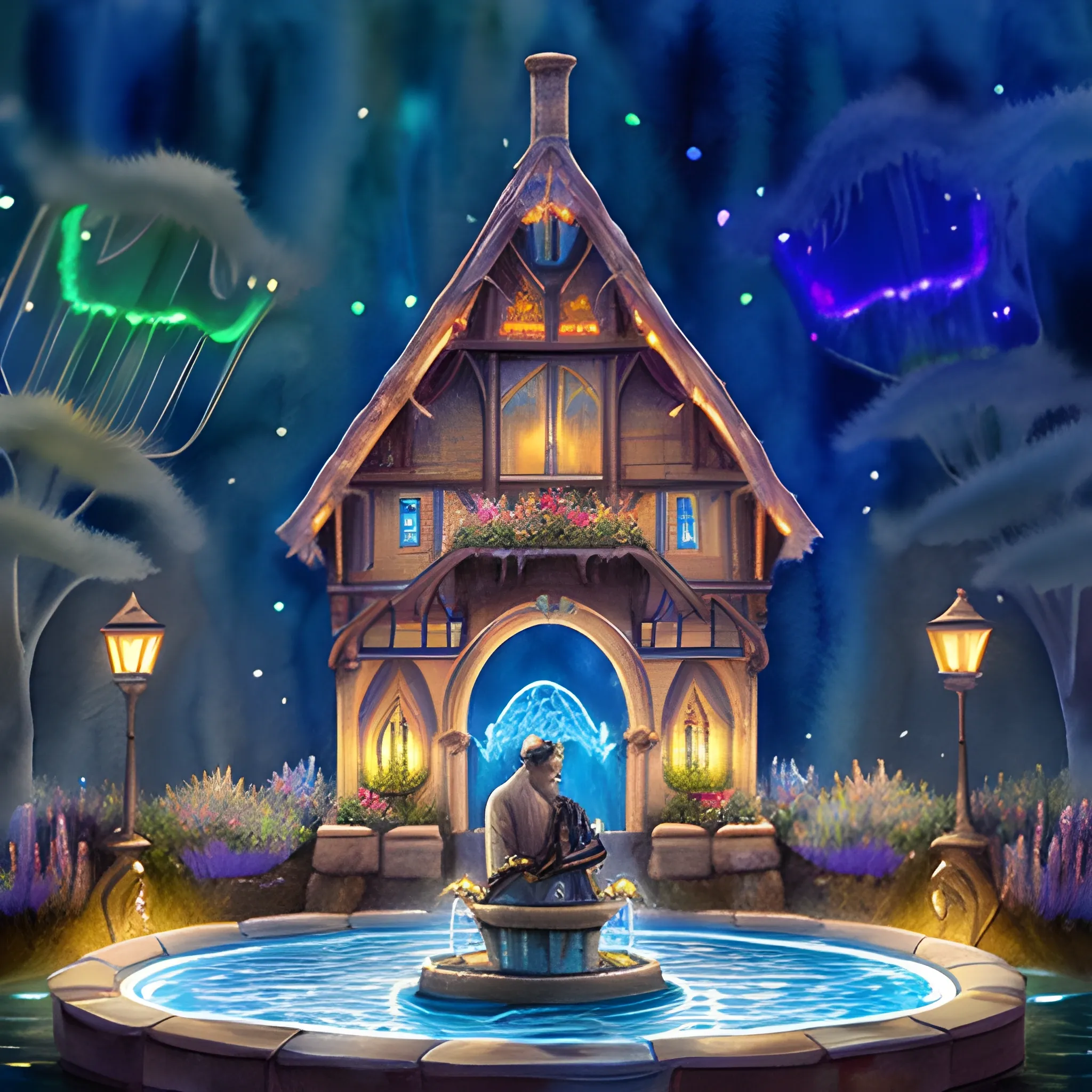 A young man and an older man standing beside the fountain of youth, surrounded by bioluminescence. The scene is rendered in a realistic watercolor style, with attention to detail and expressive character designs, featuring whimsical, colorful, and magical elements in a cozy, cottage-style composition