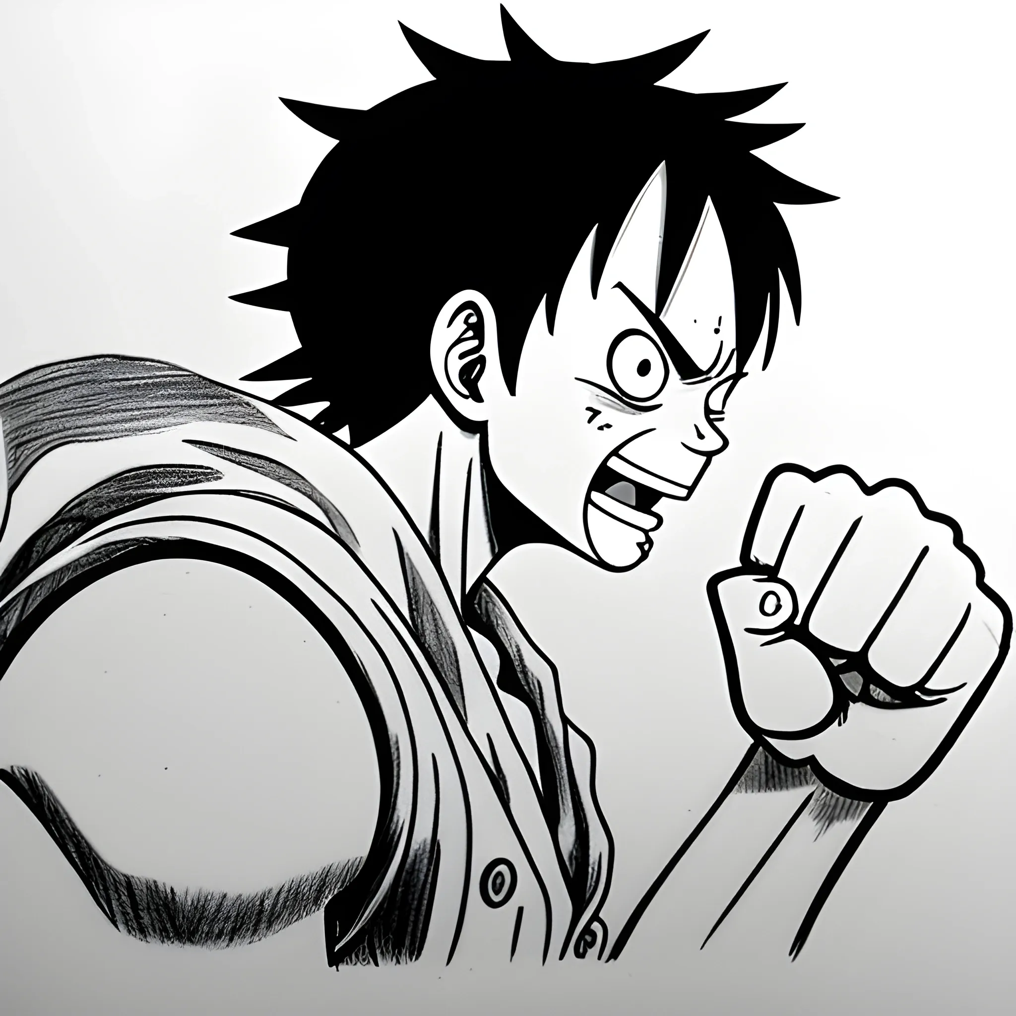 Luffy one piece side view angry fist balled, Pencil Sketch, Cartoon