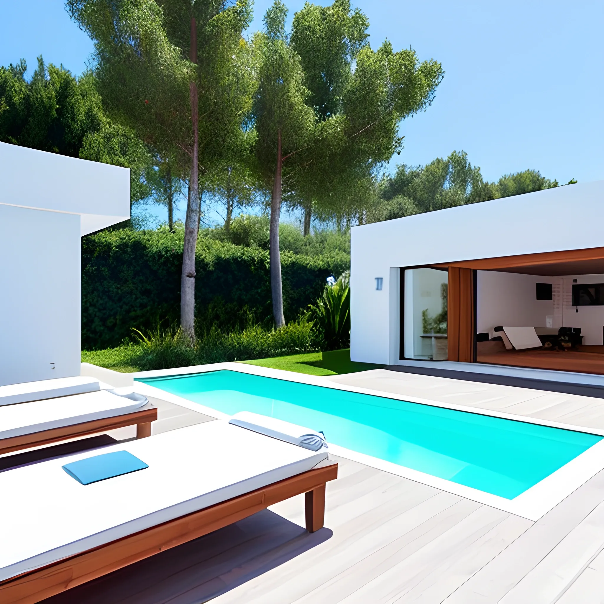 crea una imagen con un chalet moderno y minimalista blanco, con piscina y un porche, con una familia disfrutando de su jardín y del sol del verano, con los niños en la piscina nadando y la madre tomando el sol mientras habla por el móvil y el padre con un refresco en la mano, comprueba el correo en el portátil, Trippy