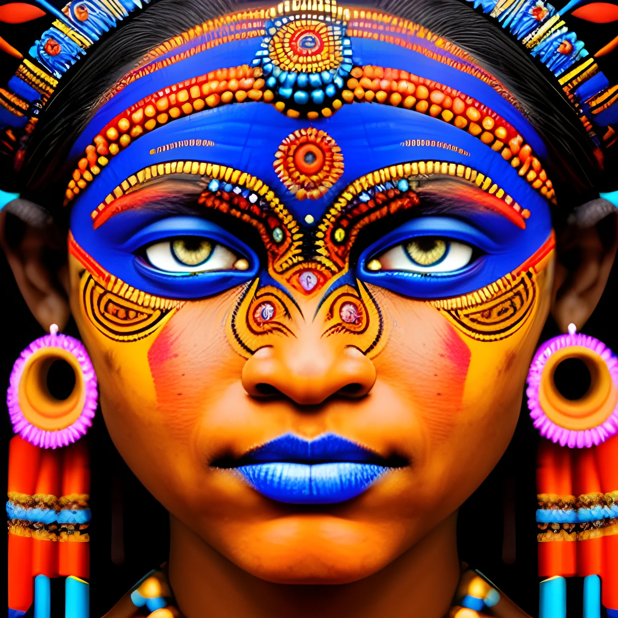 close-up photographic portrait of Banjara  tribal woman with strikingly vibrant blue eyes. The face should, intricate, tribal-inspired art, patterns, reminiscent of beadwork and ceremonial embellishments, scheme, rich reds, oranges, blues, Trippy