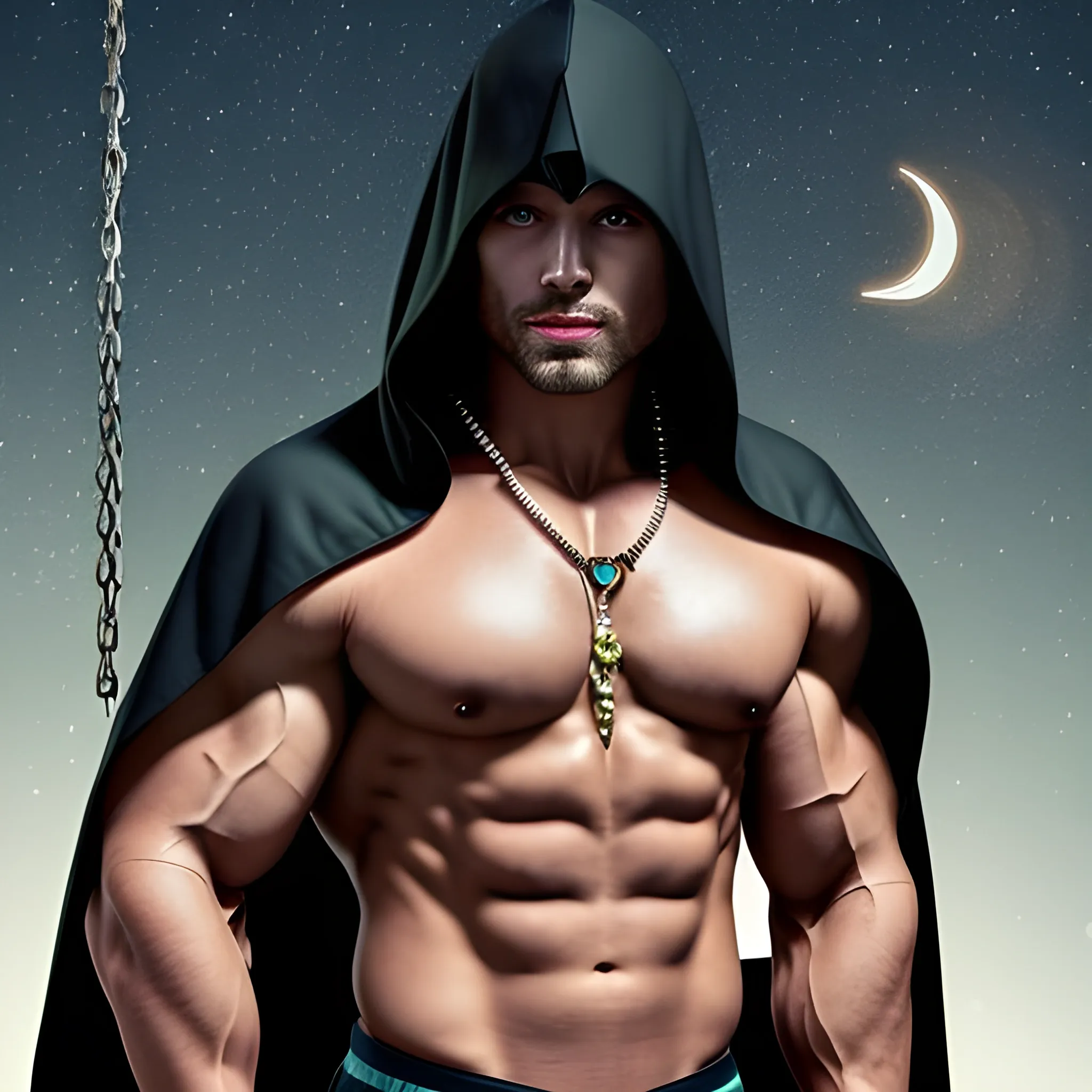 Somewhat muscular man wearing a hood with a necklace resembling that of a crescent moon