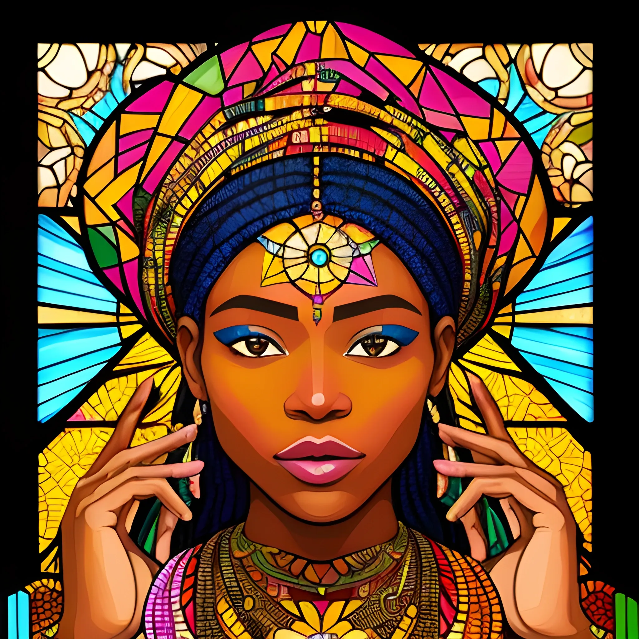 he image depicts a portrait of a woman in the style of a vibrant stained glass art piece. She's talking with the mobile. She has rich, dark skin and is adorned with colorful, ornate attire that suggests African cultural influence. Her head is crowned with a headwrap featuring a mosaic of radiant, multicolored patterns, which harmoniously blend with the stained glass motif. The background radiates outwards with a warm, luminous effect, encompassing a spectrum of colors and geometric floral designs, adding to the artwork's majestic and contemporary feel.