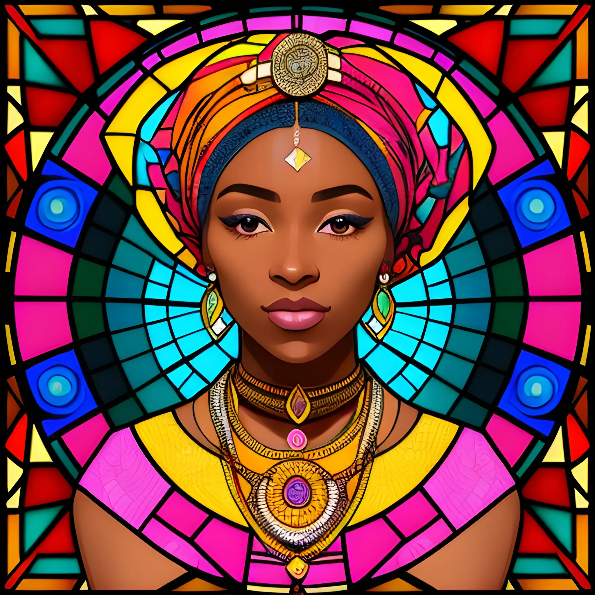 he image depicts a portrait of a woman in the style of a vibrant stained glass art piece. She has rich, dark skin and is adorned with colorful, ornate attire that suggests African cultural influence. Her head is crowned with a headwrap featuring a mosaic of radiant, multicolored patterns, which harmoniously blend with the stained glass motif. The background radiates outwards with a warm, luminous effect, encompassing a spectrum of colors and geometric floral designs, adding to the artwork's majestic and contemporary feel. She's talking with someone by mobile.