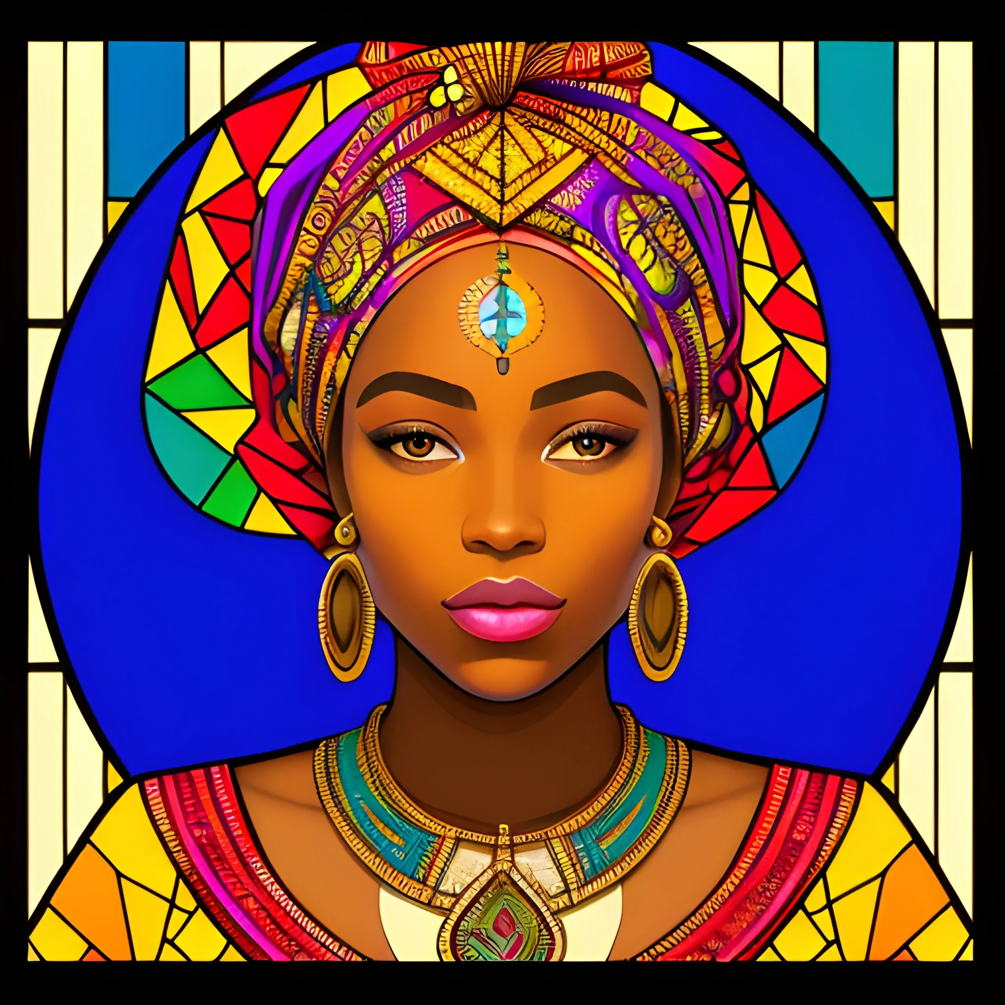 he image depicts a portrait of a woman in the style of a vibrant stained glass art piece. She has rich, dark skin and is adorned with colorful, ornate attire that suggests African cultural influence. Her head is crowned with a headwrap featuring a mosaic of radiant, multicolored patterns, which harmoniously blend with the stained glass motif. The background radiates outwards with a warm, luminous effect, encompassing a spectrum of colors and geometric floral designs, adding to the artwork's majestic and contemporary feel.