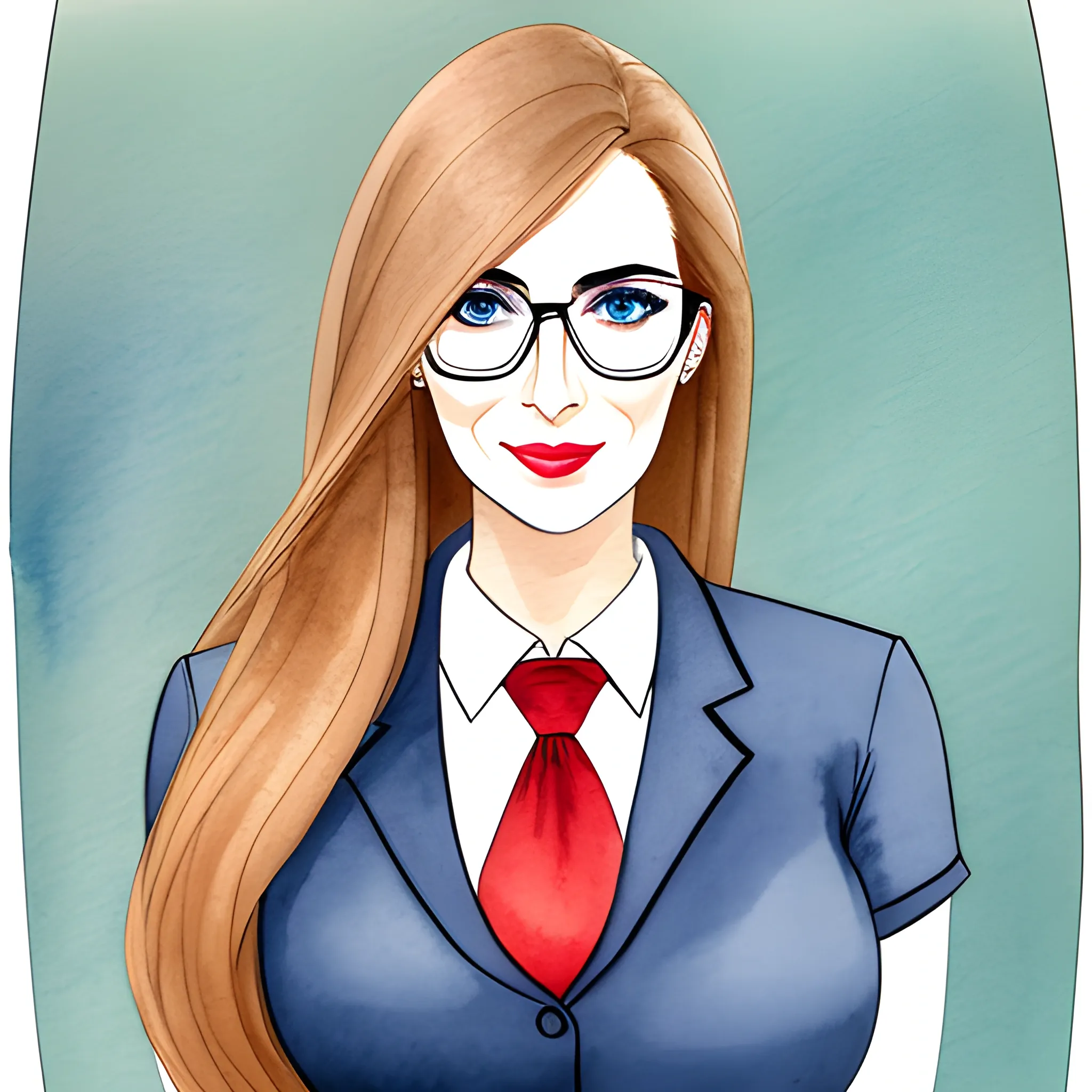 British, female teacher, standing character, long soft hair, slim, pretty face, 30 year old girl, eye-catching eyes wearing a pair of glasses, wearing a teacher's uniform, Water Color