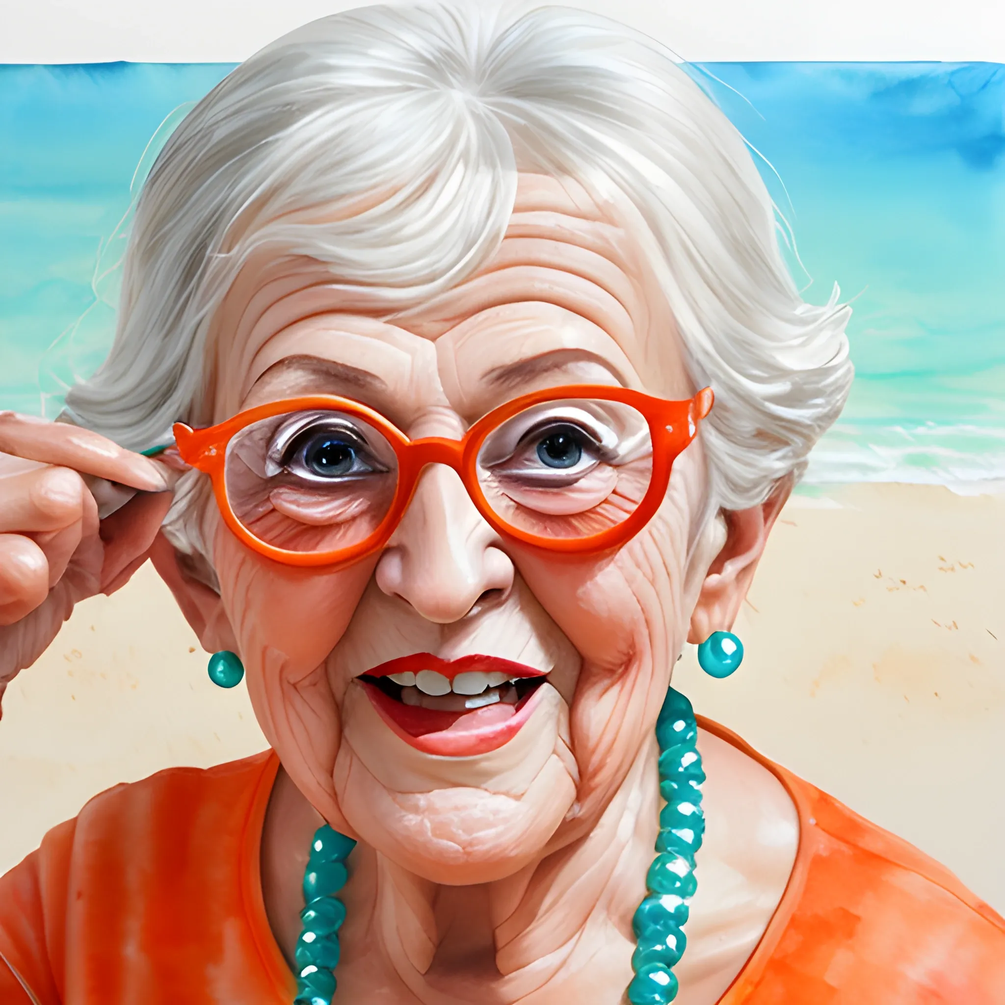 funny portrait of happy mature woman, grandma having fun with orange eyes on summer vacation. Active lifestyle, Water Color, Oil Painting, 3D