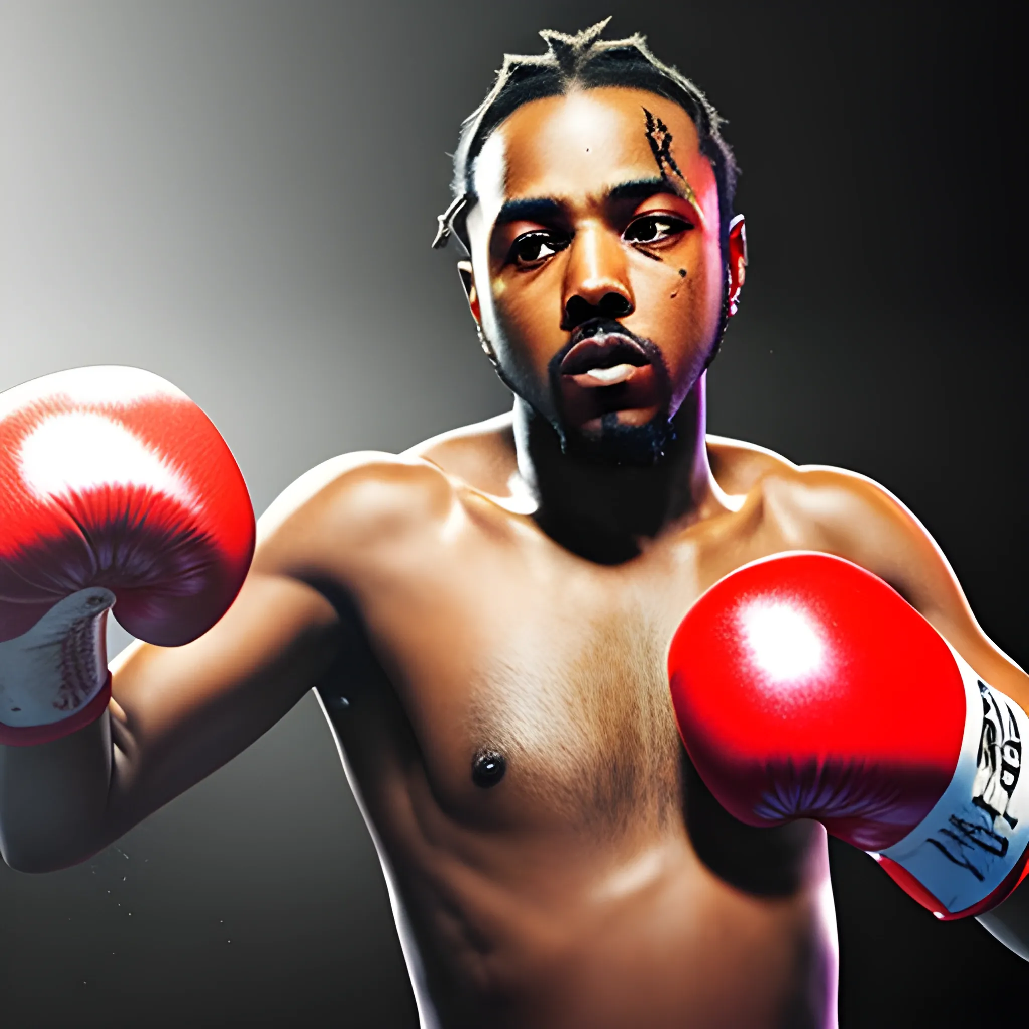 realistic picture of kendrick lamar with boxing 
glove, Trippy