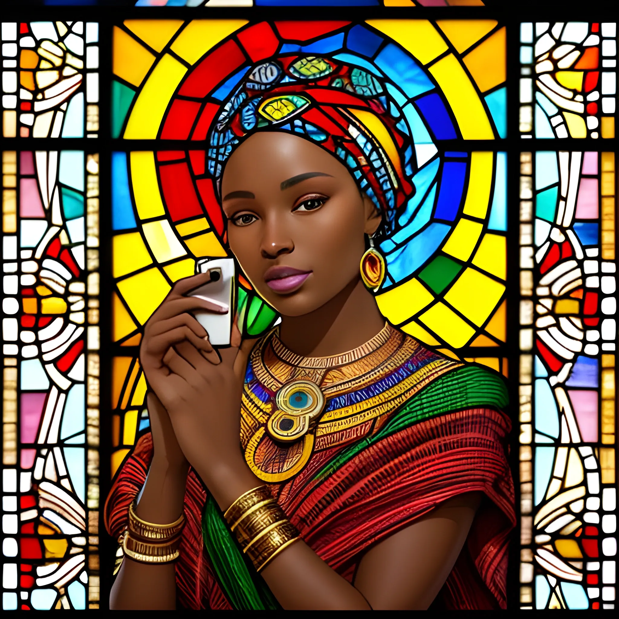 the image depicts a portrait of a woman in the style of a vibrant stained glass art piece. She has rich, dark skin and is adorned with colorful, ornate attire that suggests African cultural influence. She's making a call with a mobile phone. Her head is crowned with a headwrap featuring a mosaic of radiant, multicolored patterns, which harmoniously blend with the stained glass motif. The background radiates outwards with a warm, luminous effect, encompassing a spectrum of colors and geometric floral designs, adding to the artwork's majestic and contemporary feel. This vibrant stained glass art piece is the biggest frontal of a cathedral.