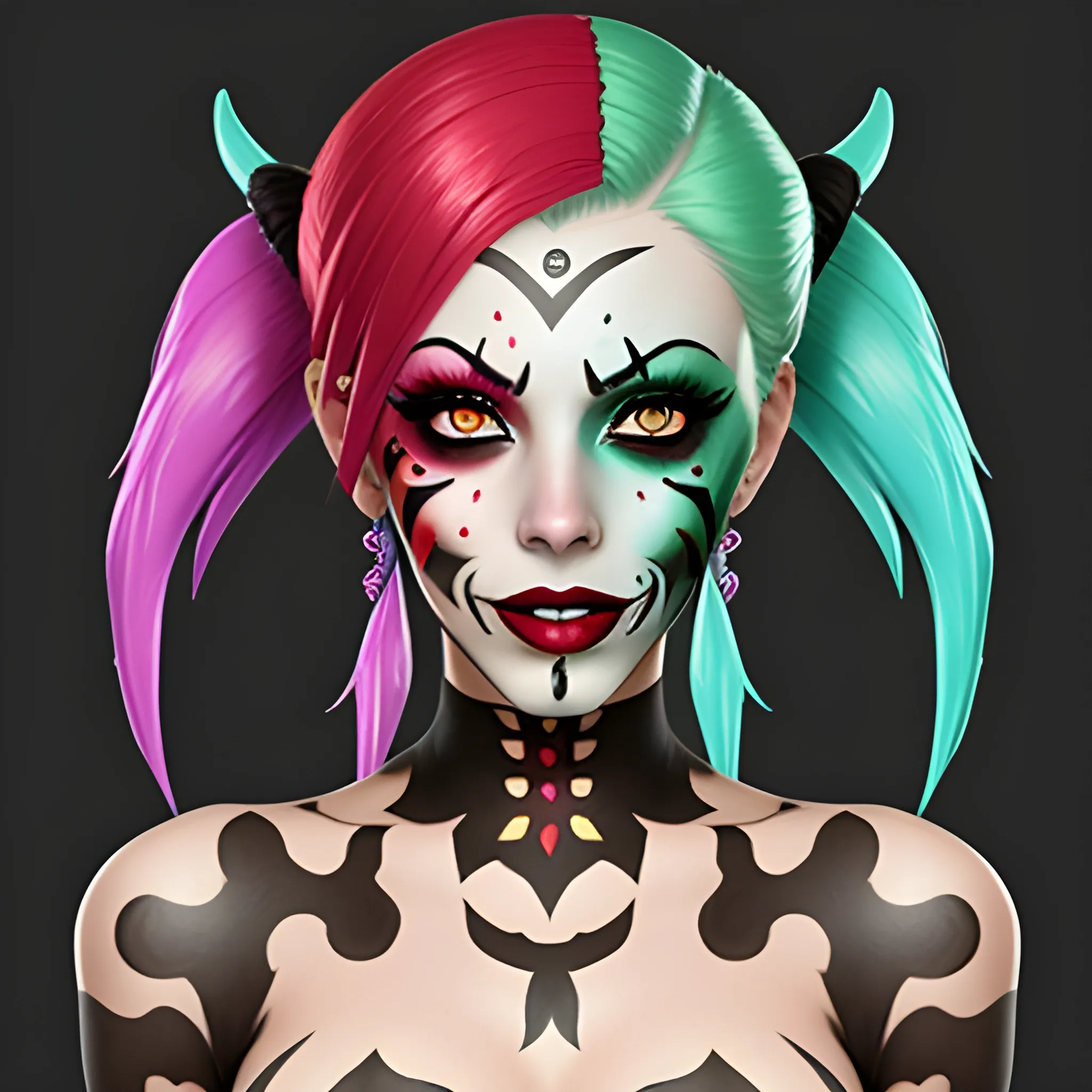 Jinx from the game league of legends and her face is painted like a Mexican katrina