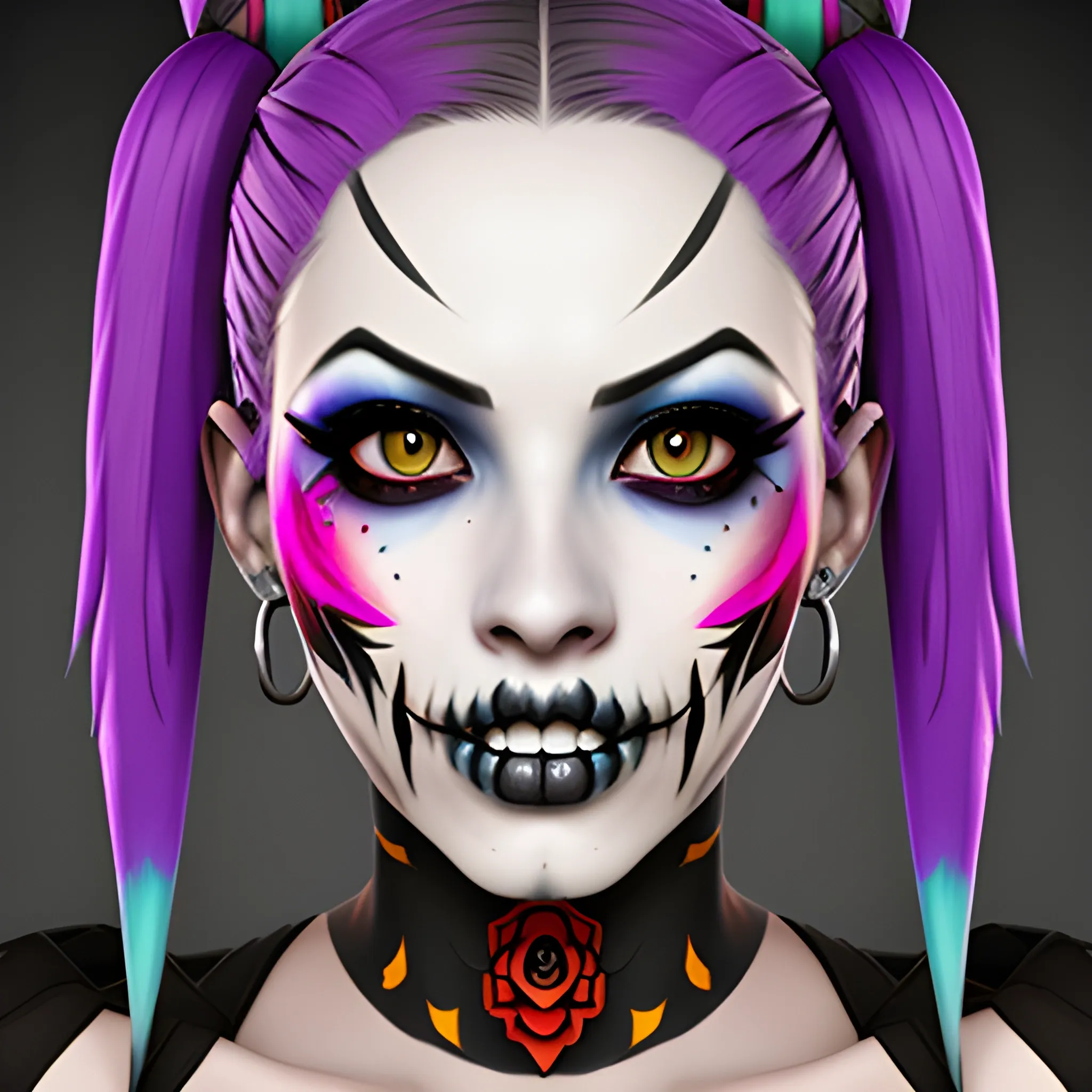 realistic Jinx from the game league of legends and her face is painted like a Mexican catrina