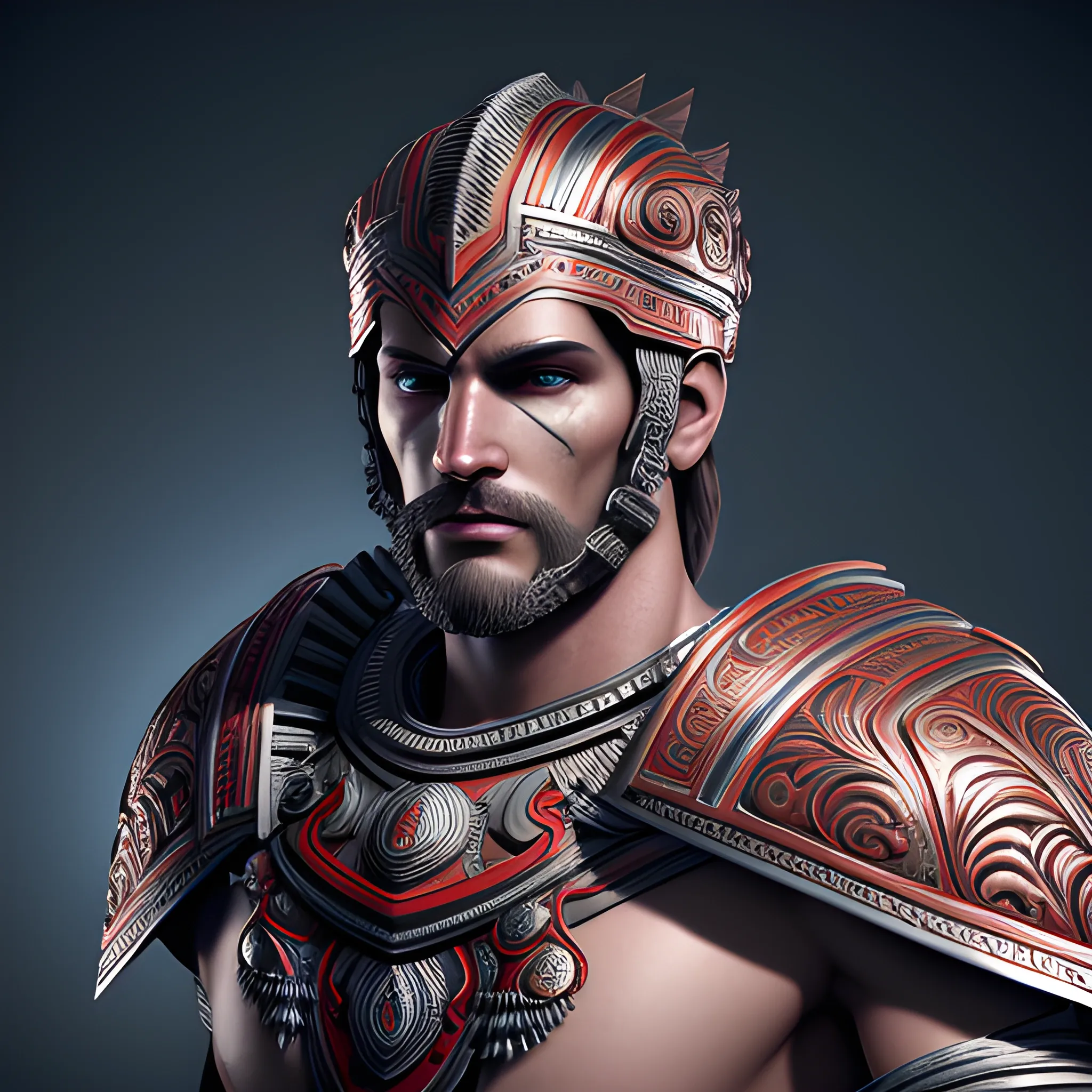 a handsome portrait of a male Spartan warrior, red blue color scheme, high key lighting, volumetric light, digital art, highly detailed, fine detail, intricate, ornate, complex, octane render, unreal engine, photorealistic 