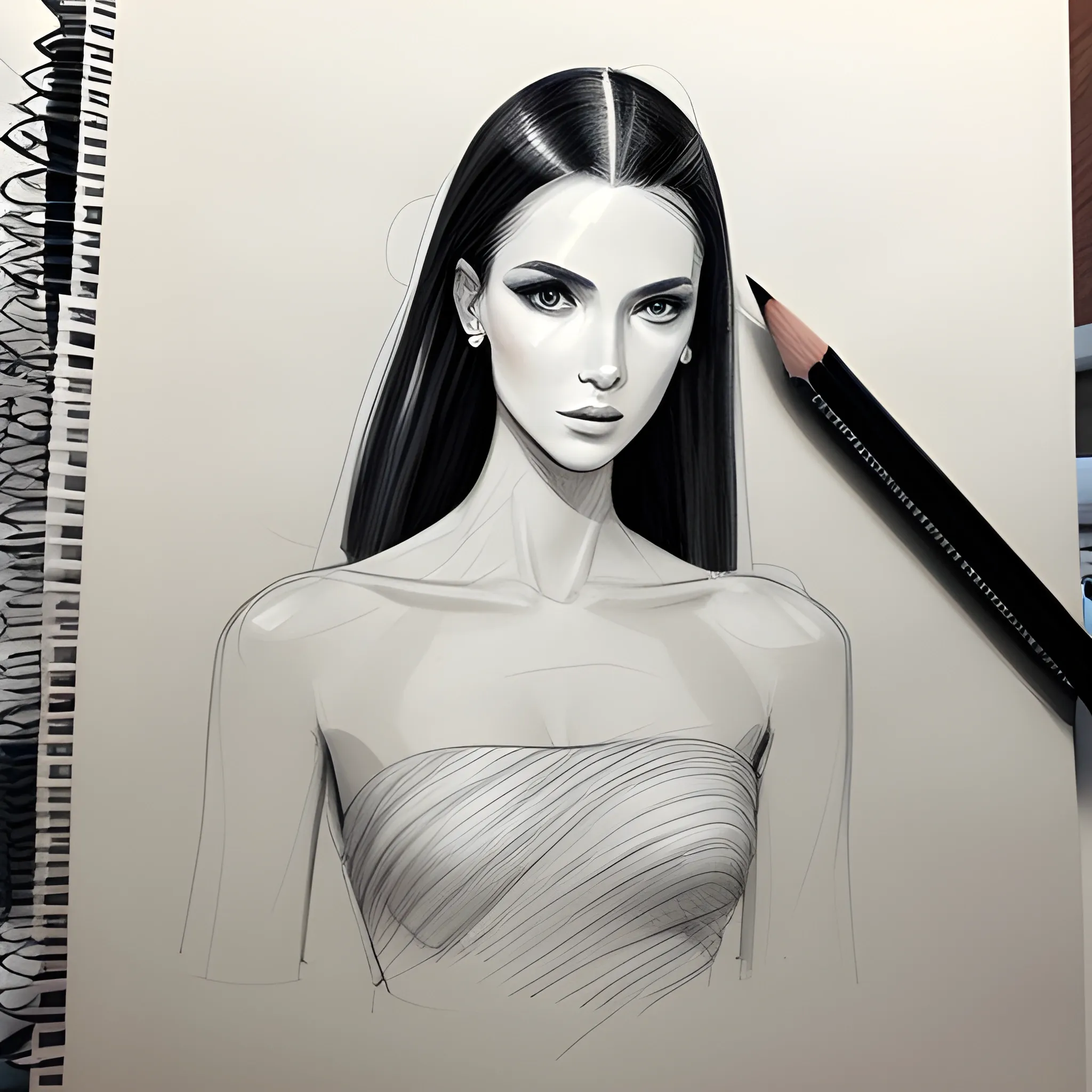 fashion croquis of 10” for a base to do fashion illustration. skin rendered. no garments on just the figure. face rendered with dark hair penciled, Pencil Sketch, Pencil Sketch