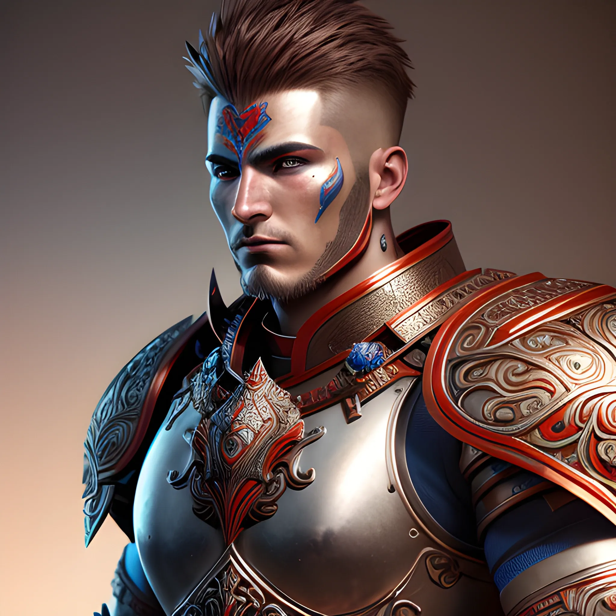 a handsome portrait of a male warrior,armor,muscular, red blue color scheme, high key lighting, volumetric light, digital art, highly detailed, fine detail, intricate, ornate, complex, octane render, unreal engine, photorealistic 